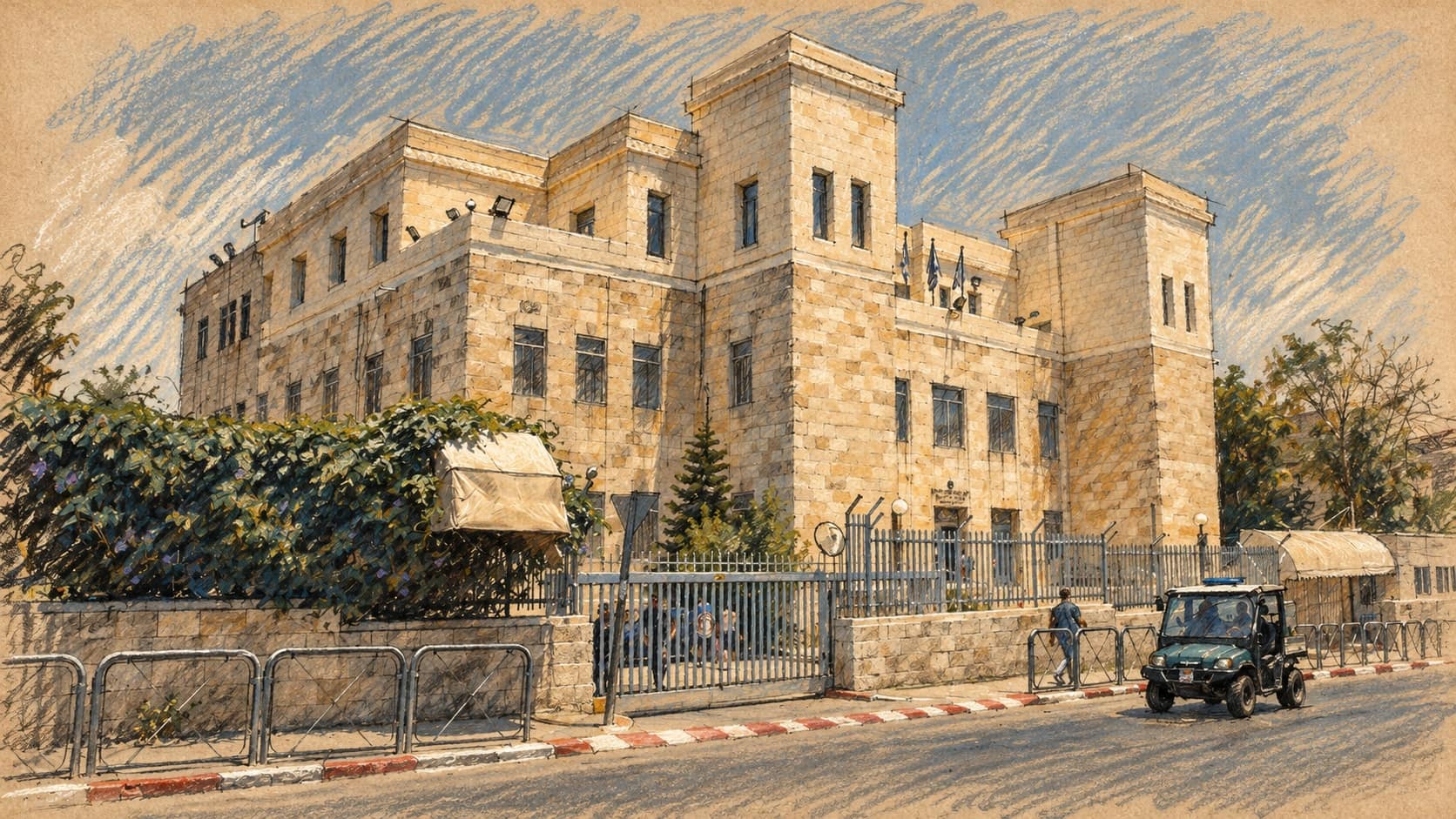Courtroom-sketch editorial illustration of the Jerusalem District Court exterior, based on an archival 2007 view