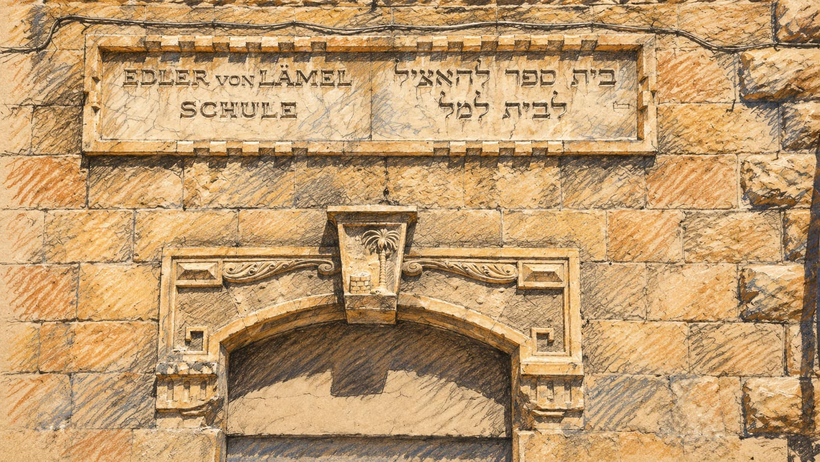 Courtroom-sketch editorial illustration of the stone facade and arched doorway of the former Lemel School in Jerusalem, based on an archival photograph and used as education context.