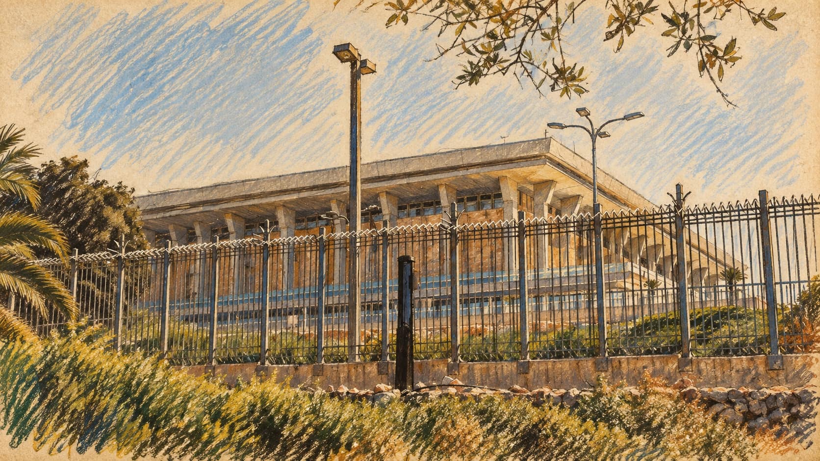 Courtroom-sketch editorial illustration of an archival July 2018 exterior view of the Knesset behind its fence and landscaped shrubs, providing institutional context for the debate over Haredi conscription policy.