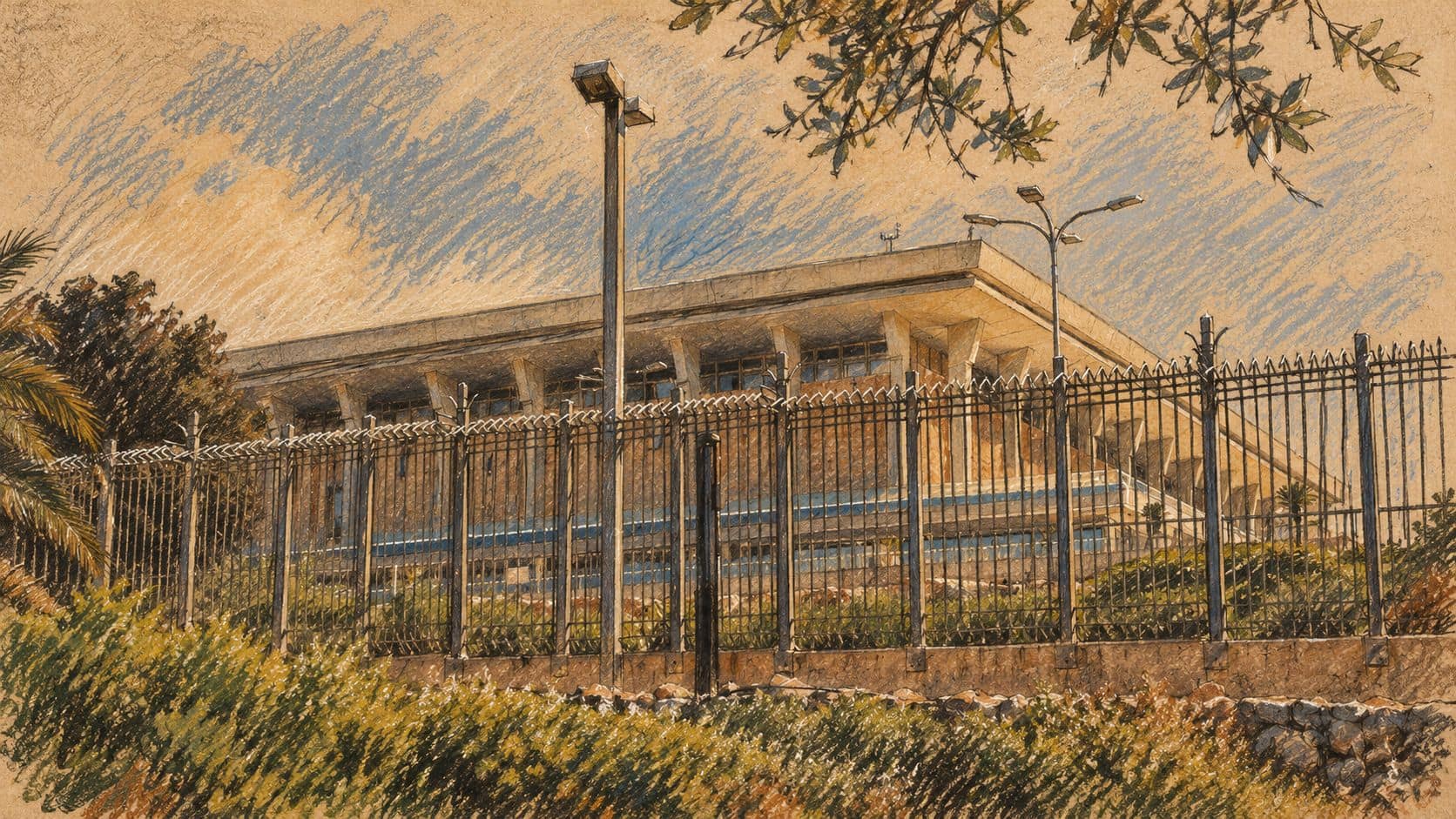 Courtroom-sketch editorial illustration of an archival exterior view of the Knesset parliament building, shown as context for the ministerial investigation