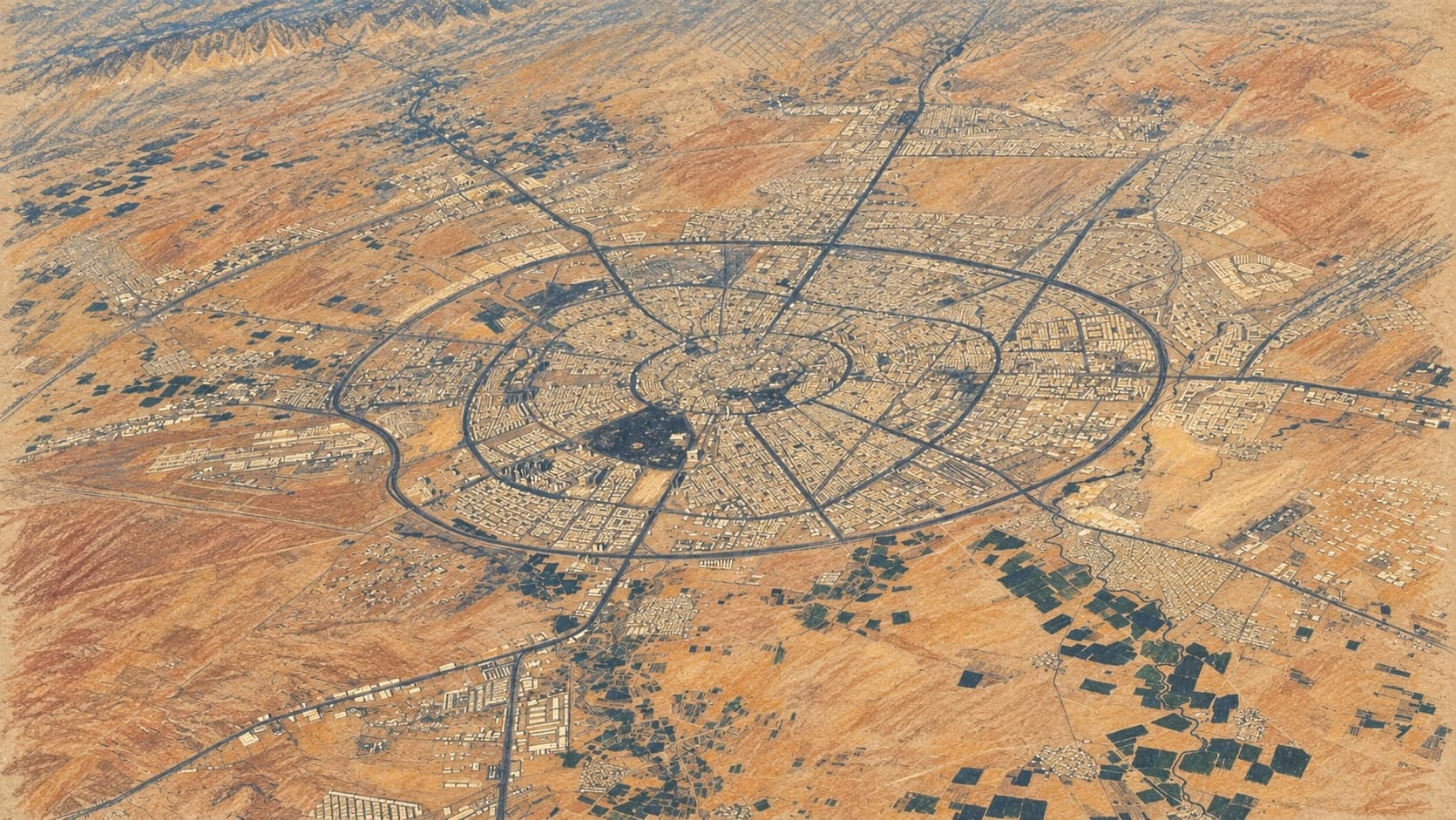 Courtroom-sketch editorial illustration of an archival aerial view of Erbil and its surrounding countryside, based on a September 2022 photograph; contextual view, not the reported missile incident