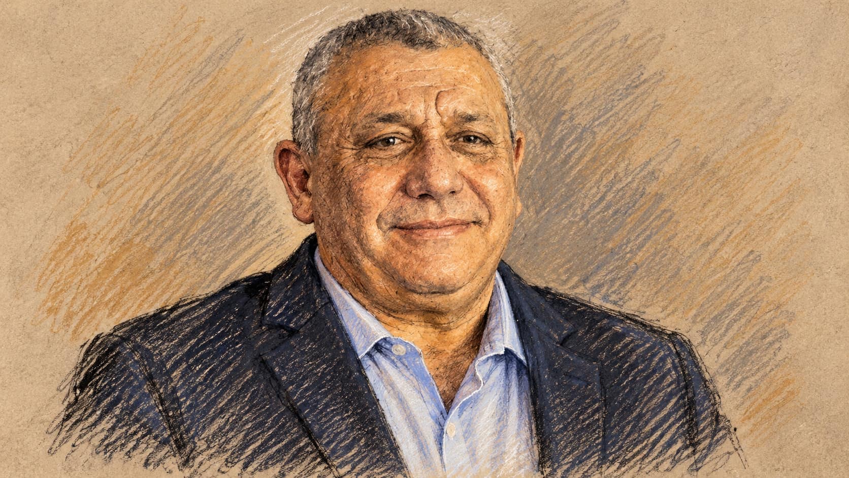 Courtroom-sketch editorial illustration of Gadi Eisenkot in a dark blazer and pale blue shirt, based on an archival February 2024 portrait used as context for the October 2026 election poll.