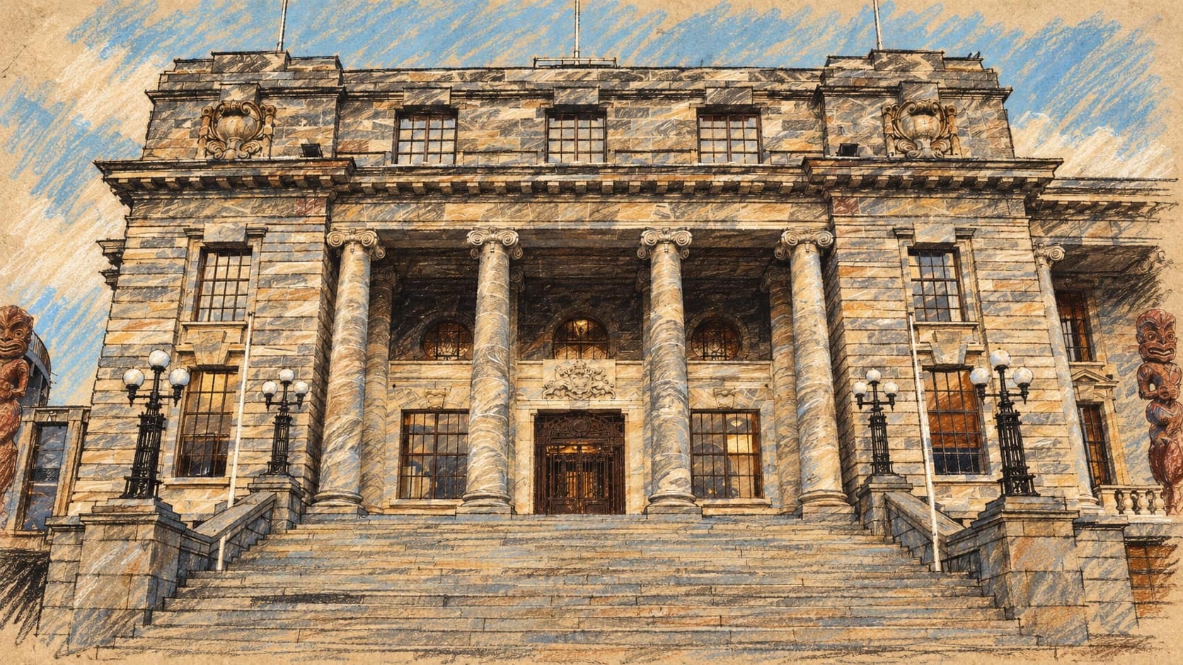 Courtroom-sketch editorial illustration of an archival October 2024 exterior view of New Zealand Parliament House in Wellington, with broad stone steps leading to its columned facade, rendered in warm ochre and slate-blue pastel strokes. Contextual building illustration, not a depiction of an AI-policy meeting or parliamentary vote.