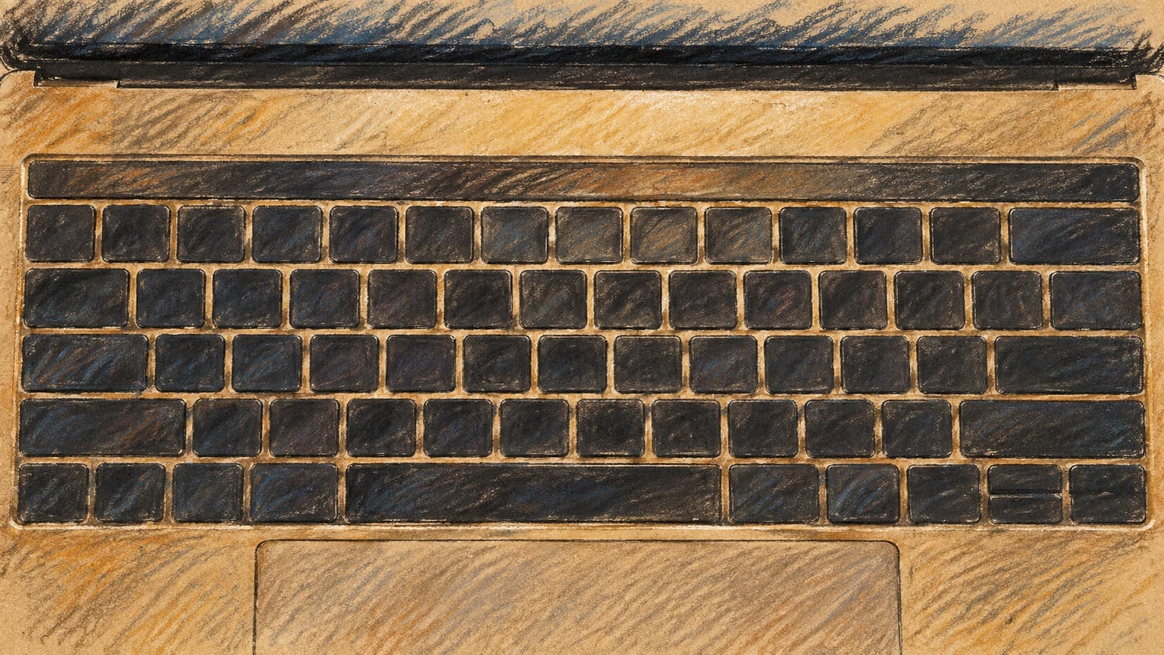 Courtroom-sketch editorial illustration of an archival laptop keyboard and trackpad, contextual imagery for digital career-skills workshops