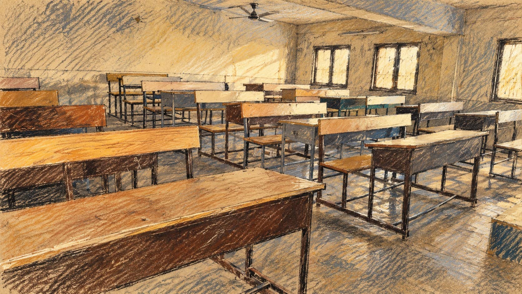 Courtroom-sketch editorial illustration of an empty classroom with rows of wooden desks and sunlit windows, based on an archival 2019 reference used as education context.