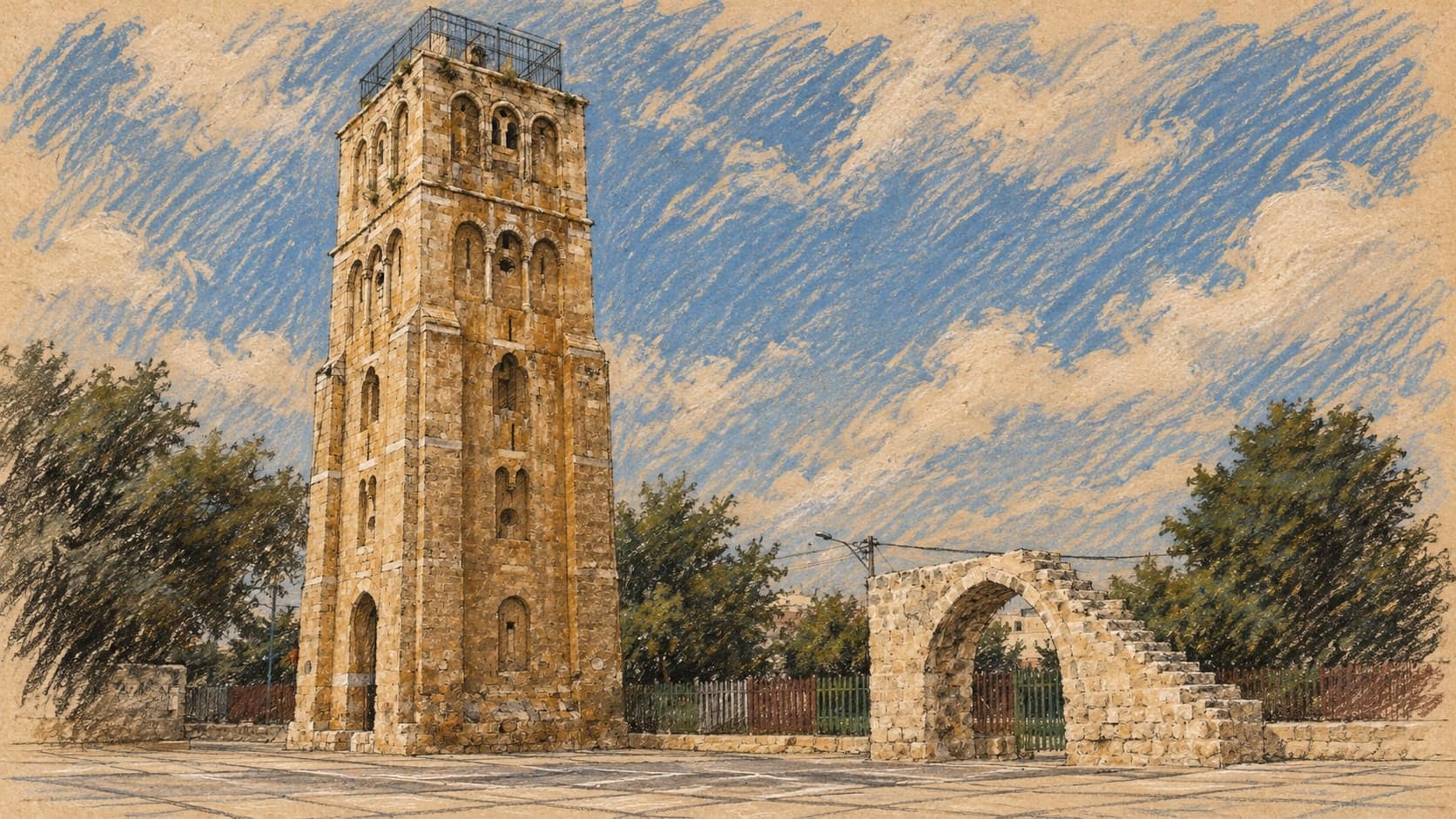 Courtroom-sketch editorial illustration of Ramla's White Tower and a nearby stone gateway, based on a 2006 archival view providing city context.