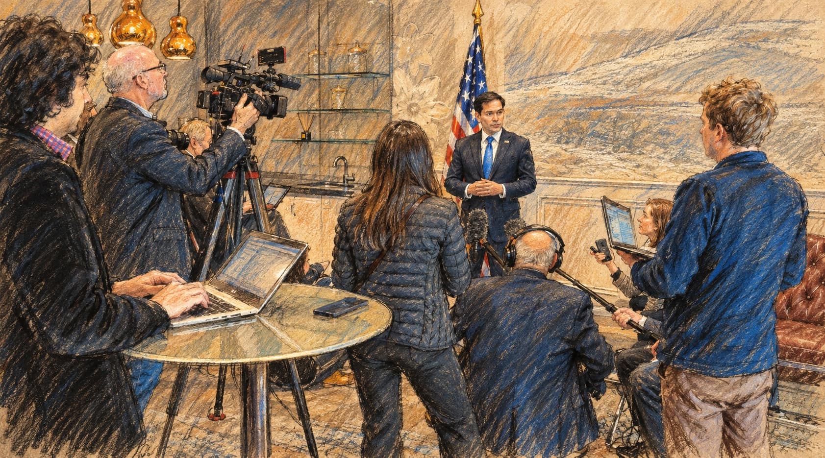 Courtroom-sketch editorial illustration of Marco Rubio speaking to journalists in a lounge during an archival March 2025 fuel stop in Shannon, Ireland, rendered in warm ochre and slate-blue pastel strokes. Contextual image of the U.S. secretary of state, not a depiction of the October 2026 Jamnagar visit.