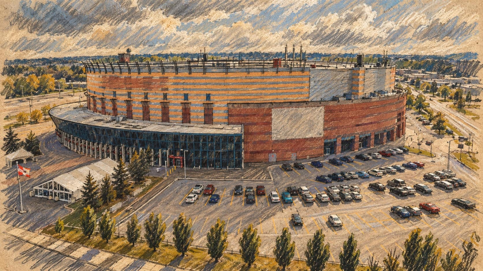 Courtroom-sketch editorial illustration of an archival October 2024 elevated view of Canadian Tire Centre in Ottawa, with the arena exterior, glass entrance, parking lot and rows of trees, rendered in warm ochre and slate-blue pastel strokes. Venue context, not a depiction of the October 2026 game or Brady Tkachuk.