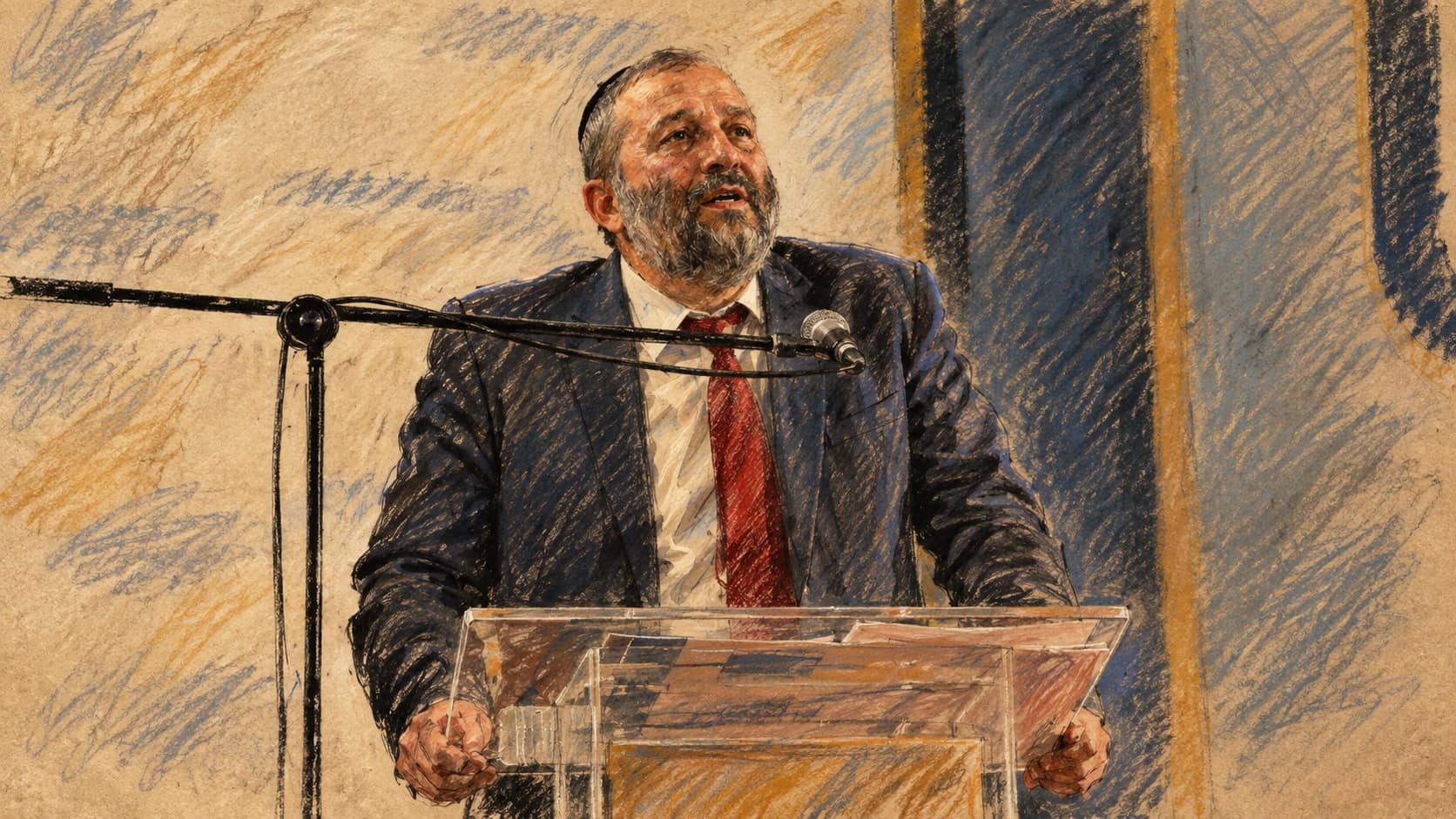Courtroom-sketch editorial illustration of Shas leader Aryeh Deri speaking behind a transparent lectern, based on an archival photograph from a 2015 Sapir College conference; contextual artwork for the polling report.