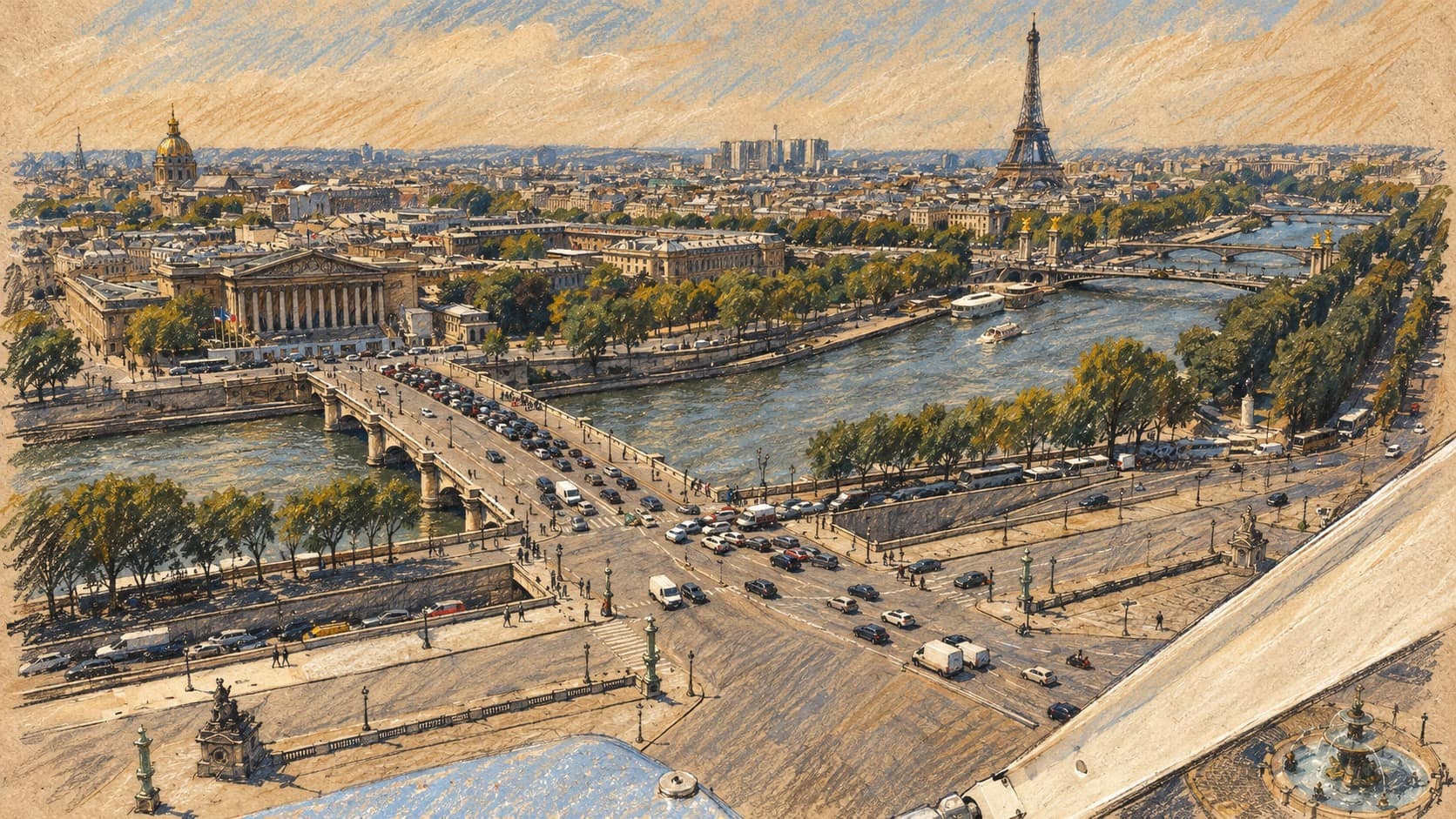 Courtroom-sketch editorial illustration of an archival Paris skyline with the Seine, Pont de la Concorde, Palais Bourbon and Eiffel Tower, providing city context rather than depicting the reported security meetings.