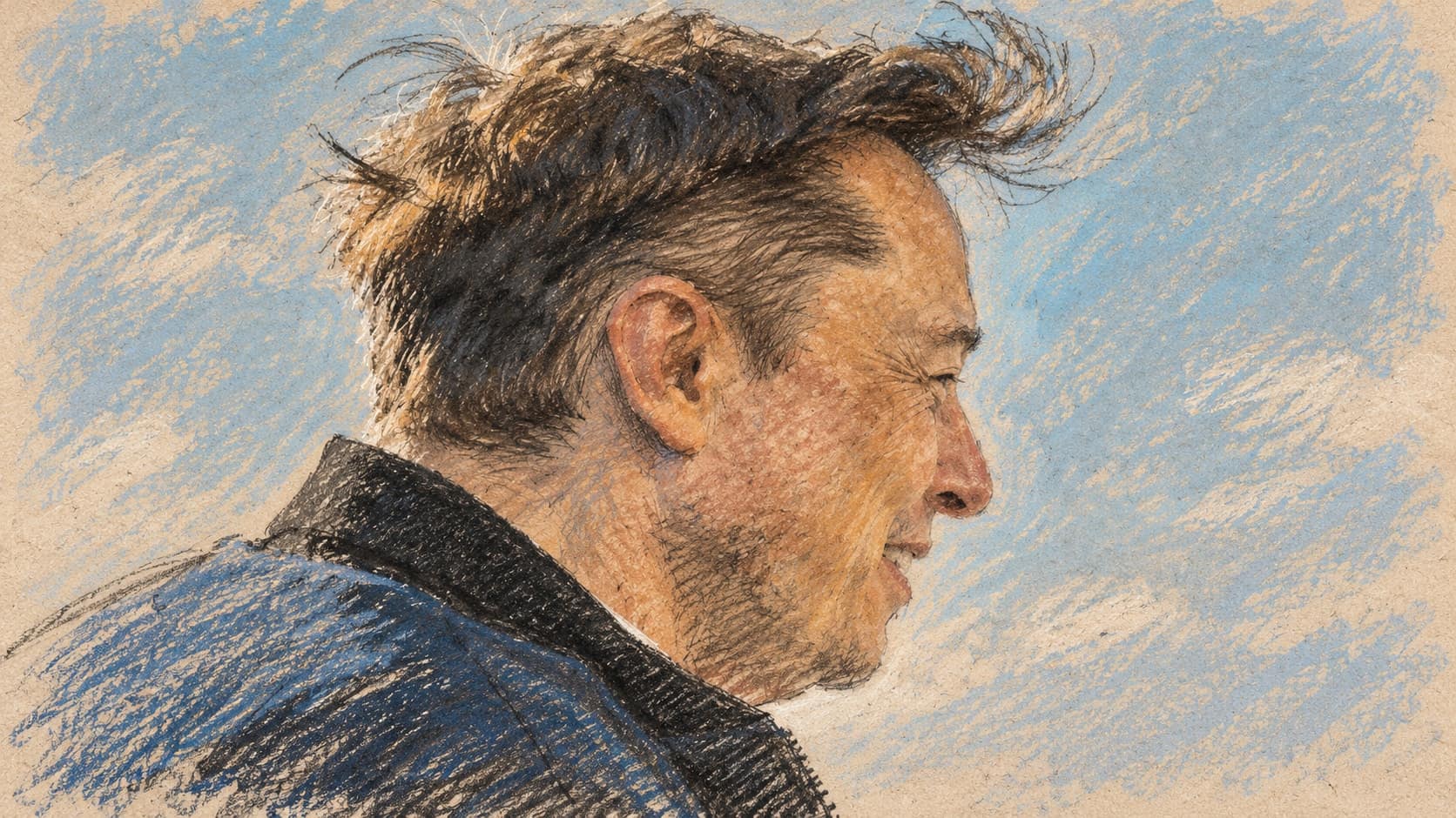 Courtroom-sketch editorial illustration of an archival March 2025 side-profile portrait of Elon Musk facing right in a dark jacket against a pale-blue sky, rendered in warm ochre and slate-blue pastel strokes. Contextual portrait, not a depiction of the October 2026 satellite-service restrictions.