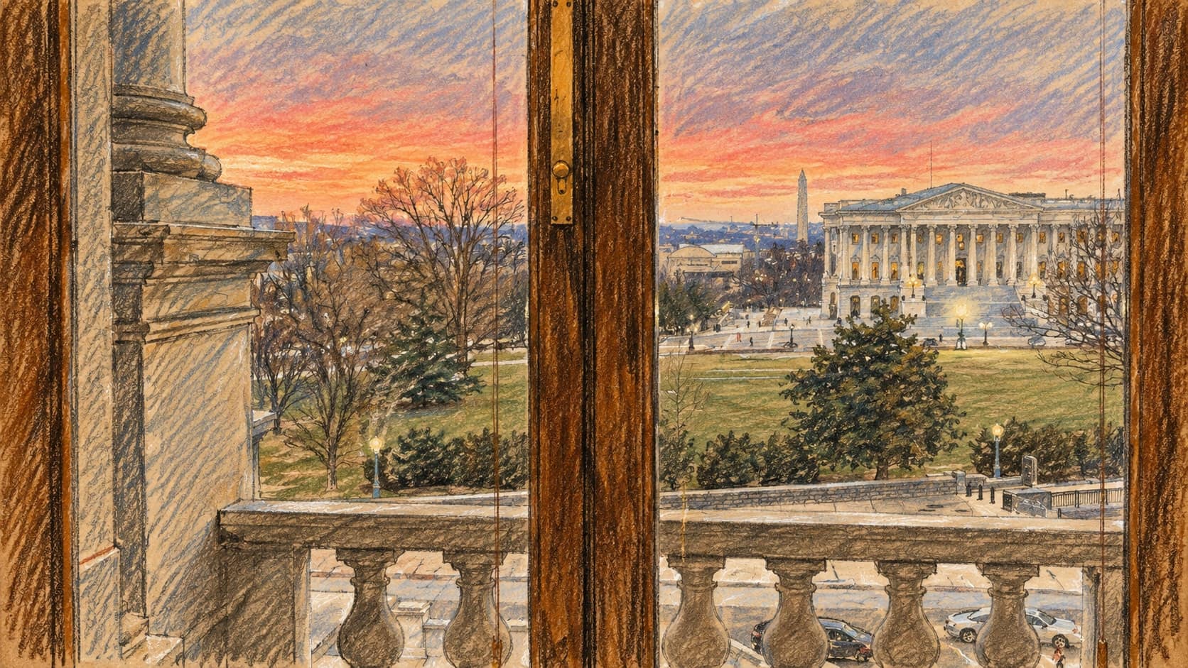Courtroom-sketch editorial illustration of an archival January 2023 view through a wooden-framed Library of Congress window and stone balustrade toward the U.S. Supreme Court, with winter trees, a lawn, the distant Washington Monument and an evening sky, rendered in warm ochre and slate-blue pastel strokes. Contextual building view, not a depiction of the October 2026 ruling.