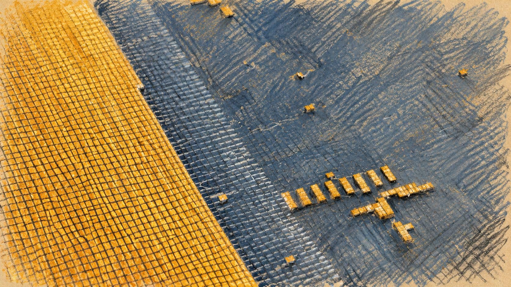 Courtroom-sketch editorial illustration of an archival semiconductor wafer with gold circuit dies on a slate-blue surface, used as industry context for Tower shares rather than depicting a Tower facility or trading session.