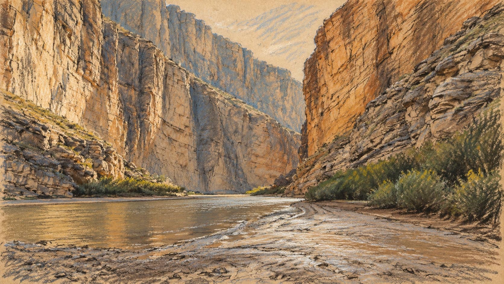 Courtroom-sketch editorial illustration of an archival Rio Grande view between the rocky walls of Santa Elena Canyon in Big Bend National Park, with vegetation and a muddy beach, rendered in warm ochre and slate-blue pastel strokes. Geographic context, not a depiction of border construction or a court ruling.