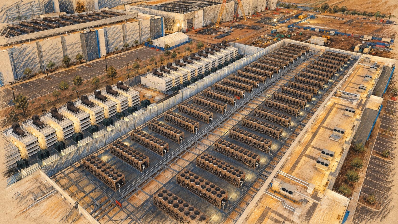 Courtroom-sketch editorial illustration of an archival November 2025 aerial view of a data-center roof with parallel rows of cooling equipment and backup generators, rendered in warm ochre and slate-blue pastel strokes. Contextual infrastructure scene, not a depiction of the October 2026 statement or any named operator.