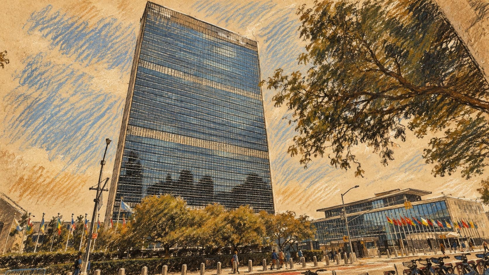 Courtroom-sketch editorial illustration of an archival June 2023 exterior of United Nations headquarters in New York, with the glass Secretariat tower, conference building, flags and street trees, rendered in warm ochre and slate-blue pastel strokes. Contextual institutional view, not a depiction of the October 2026 nomination.
