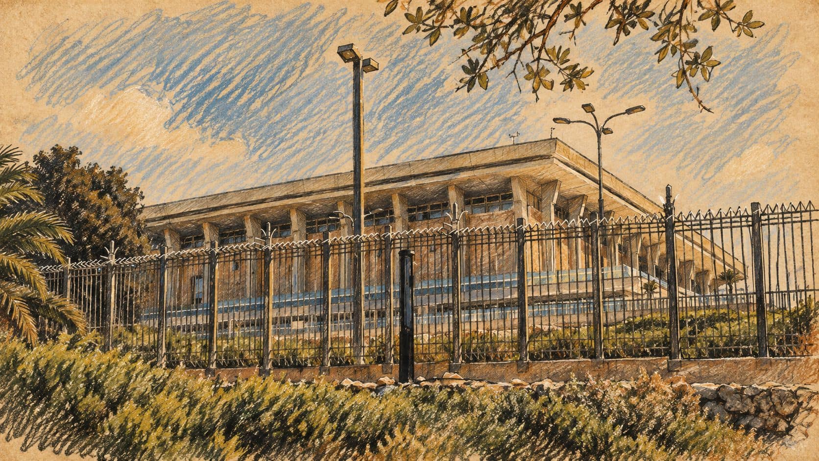Courtroom-sketch editorial illustration of the Knesset exterior behind a fence, based on an archival 2018 photograph; institutional context for election-coalition remarks