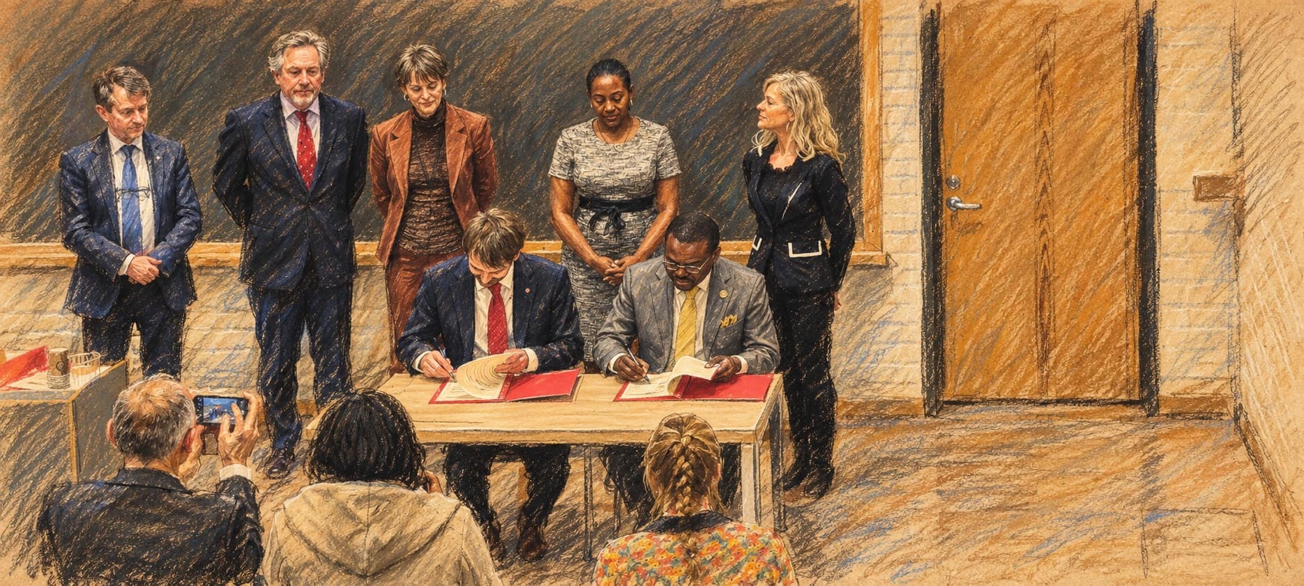 Courtroom-sketch editorial illustration of Jean Kaseya and Jan Christian Vestre signing documents at a March 2025 meeting, with officials behind them; an archival contextual scene rendered in warm ochre and slate-blue pastel strokes.