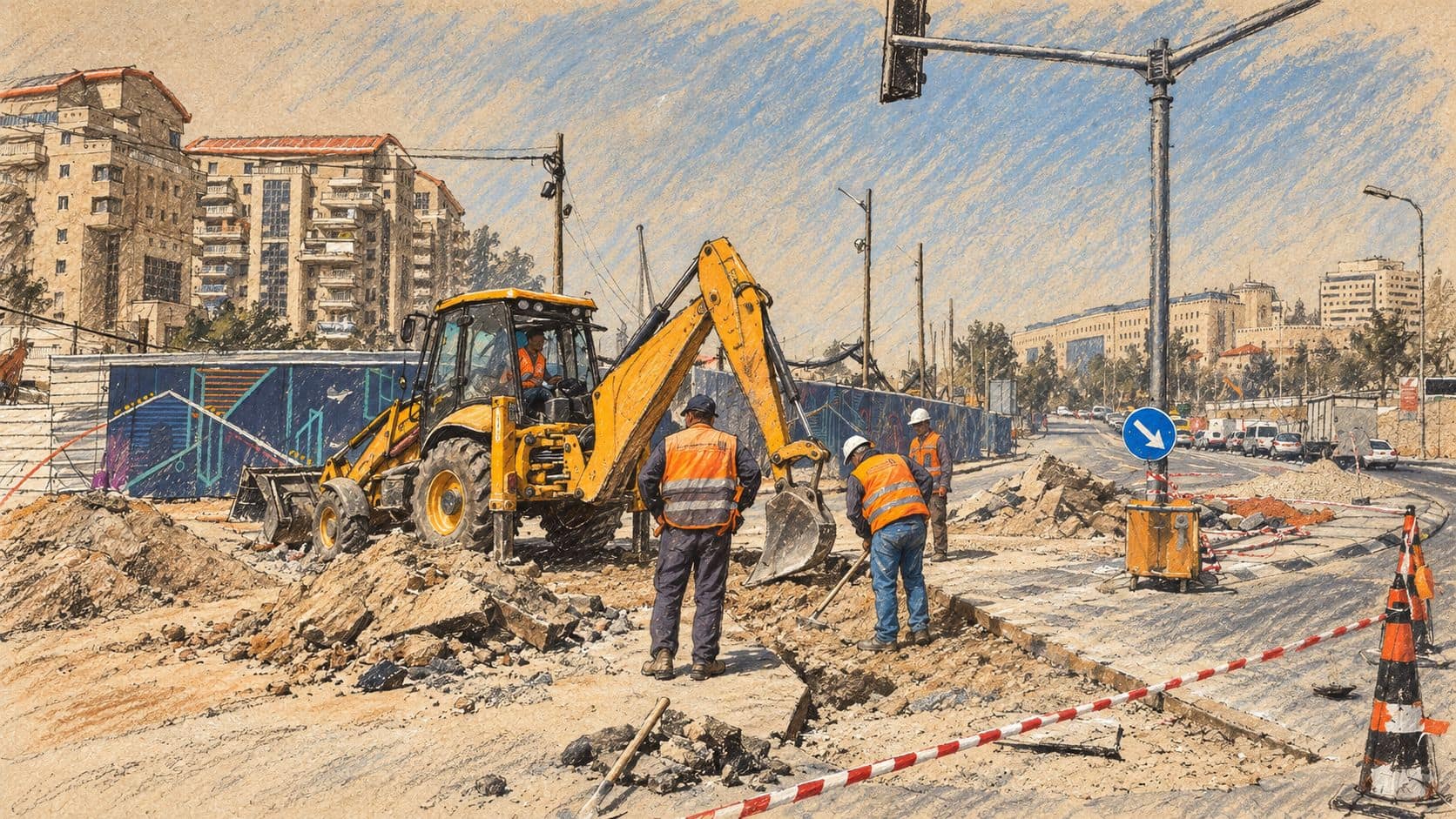 Courtroom-sketch editorial illustration of a backhoe and road-construction workers on a Jerusalem street, based on an archival March 2018 photograph; contextual construction imagery for the lending survey.