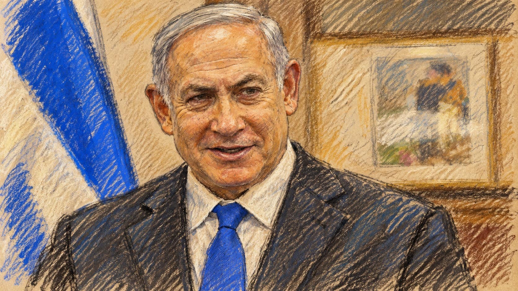 Courtroom-sketch editorial illustration of Benjamin Netanyahu in an archival 2018 portrait, wearing a dark suit and blue tie beside an Israeli flag