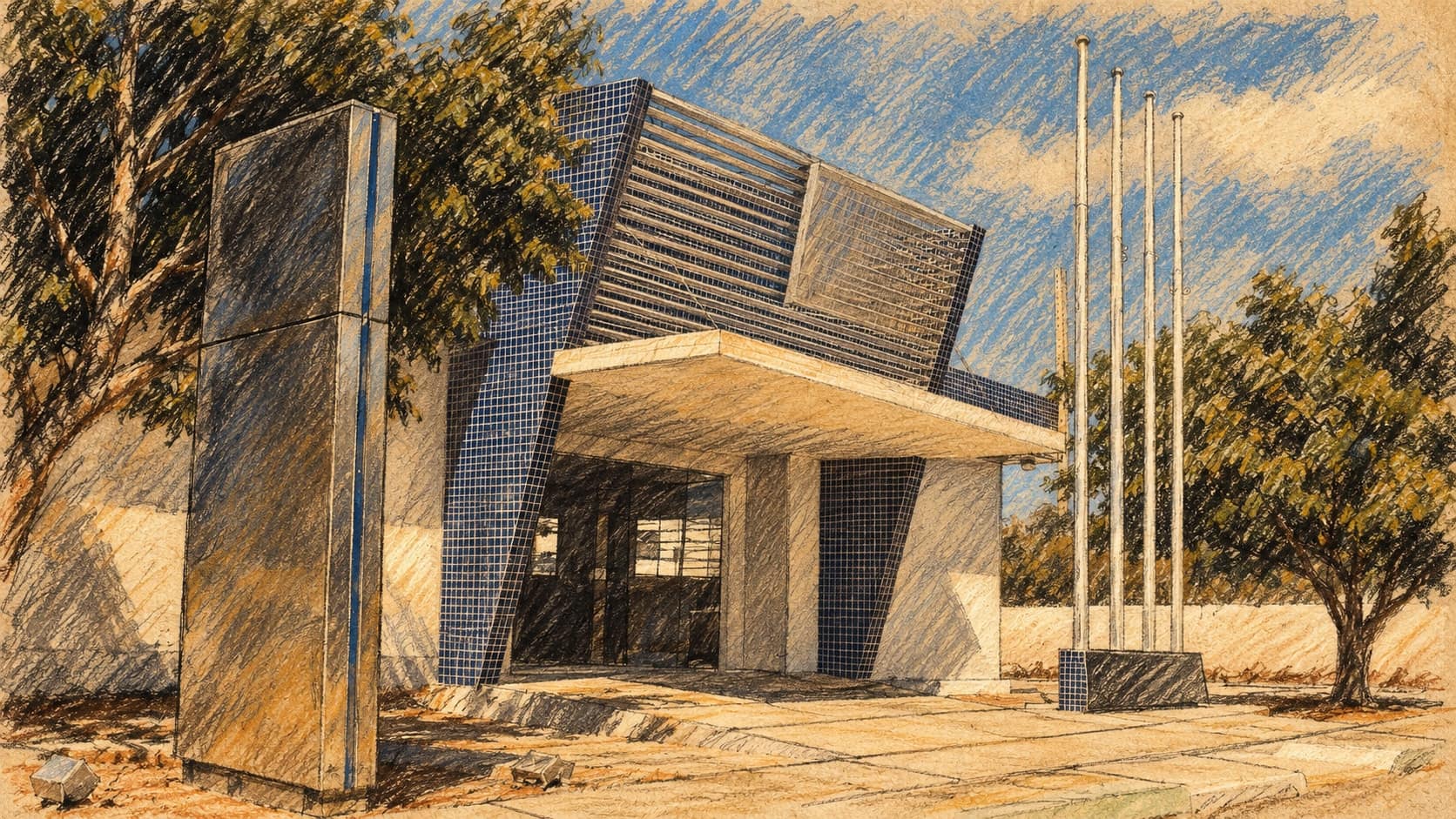 Courtroom-sketch editorial illustration of the archival exterior of the Receita Federal office in Sousa, Paraíba, with a tiled facade, recessed entrance, sign pillar, empty flagpoles and trees, rendered in warm ochre and slate-blue pastel strokes. Contextual agency imagery based on a 2011 photograph, not a depiction of the September 2026 revenue figures being announced.