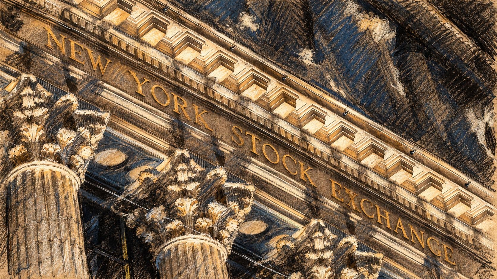 Courtroom-sketch editorial illustration of an archival angled view of the New York Stock Exchange facade, used as context for Wall Street trading.