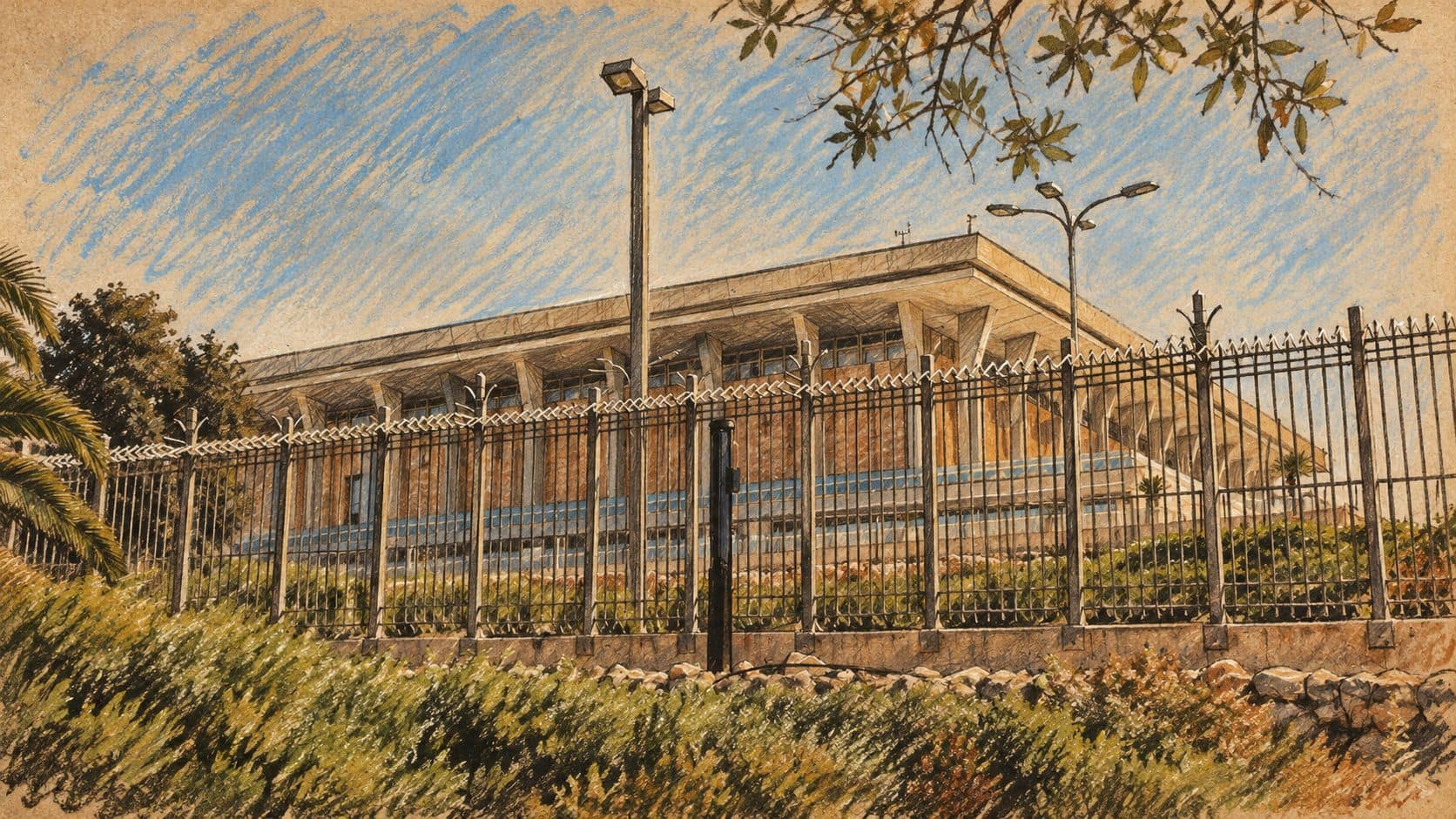 Courtroom-sketch editorial illustration of the Knesset building in Jerusalem behind a metal fence, shrubs and streetlights, based on an archival exterior view used for institutional context.