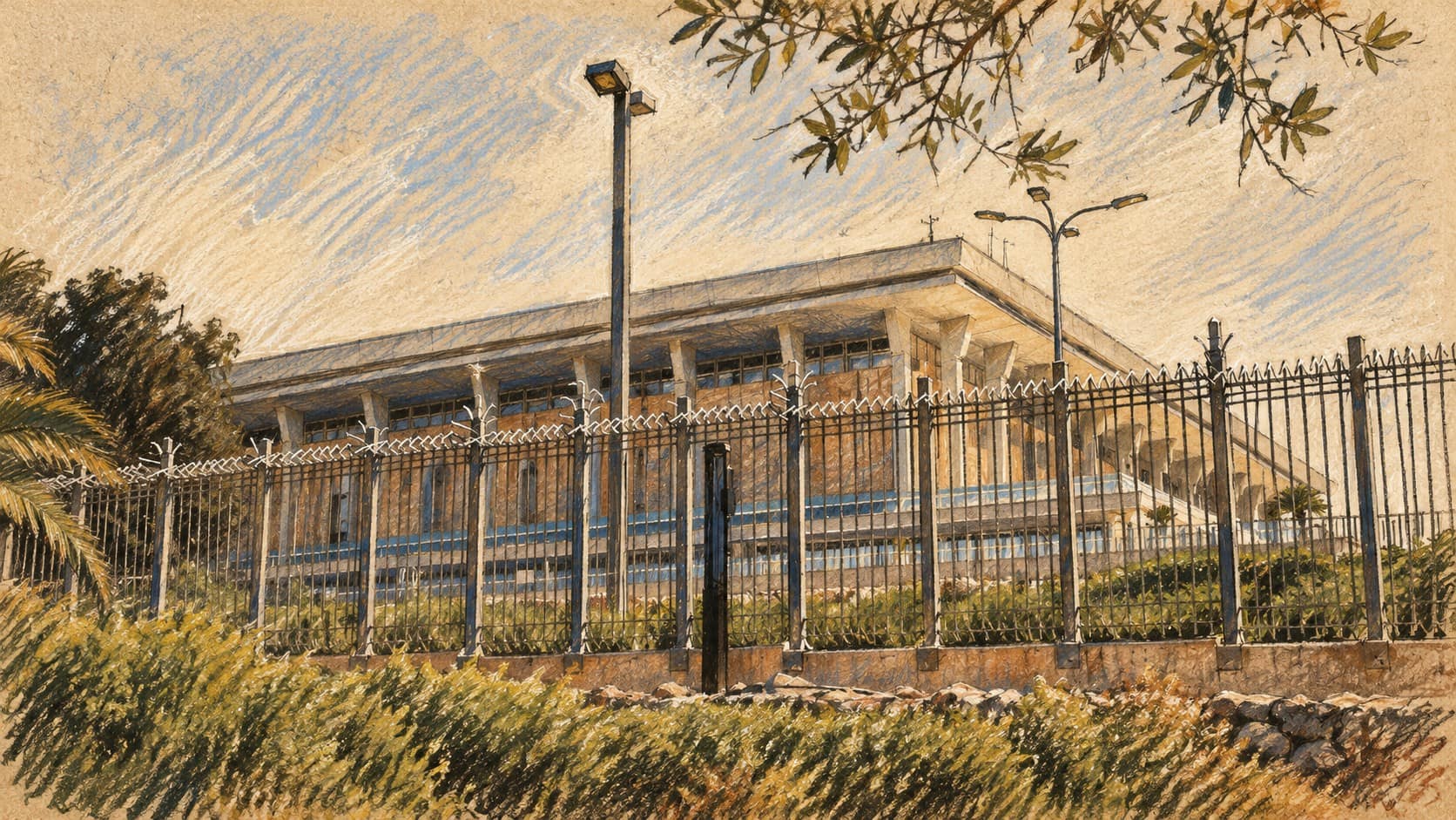 Courtroom-sketch editorial illustration of the Knesset building behind its perimeter fence, based on an archival exterior view