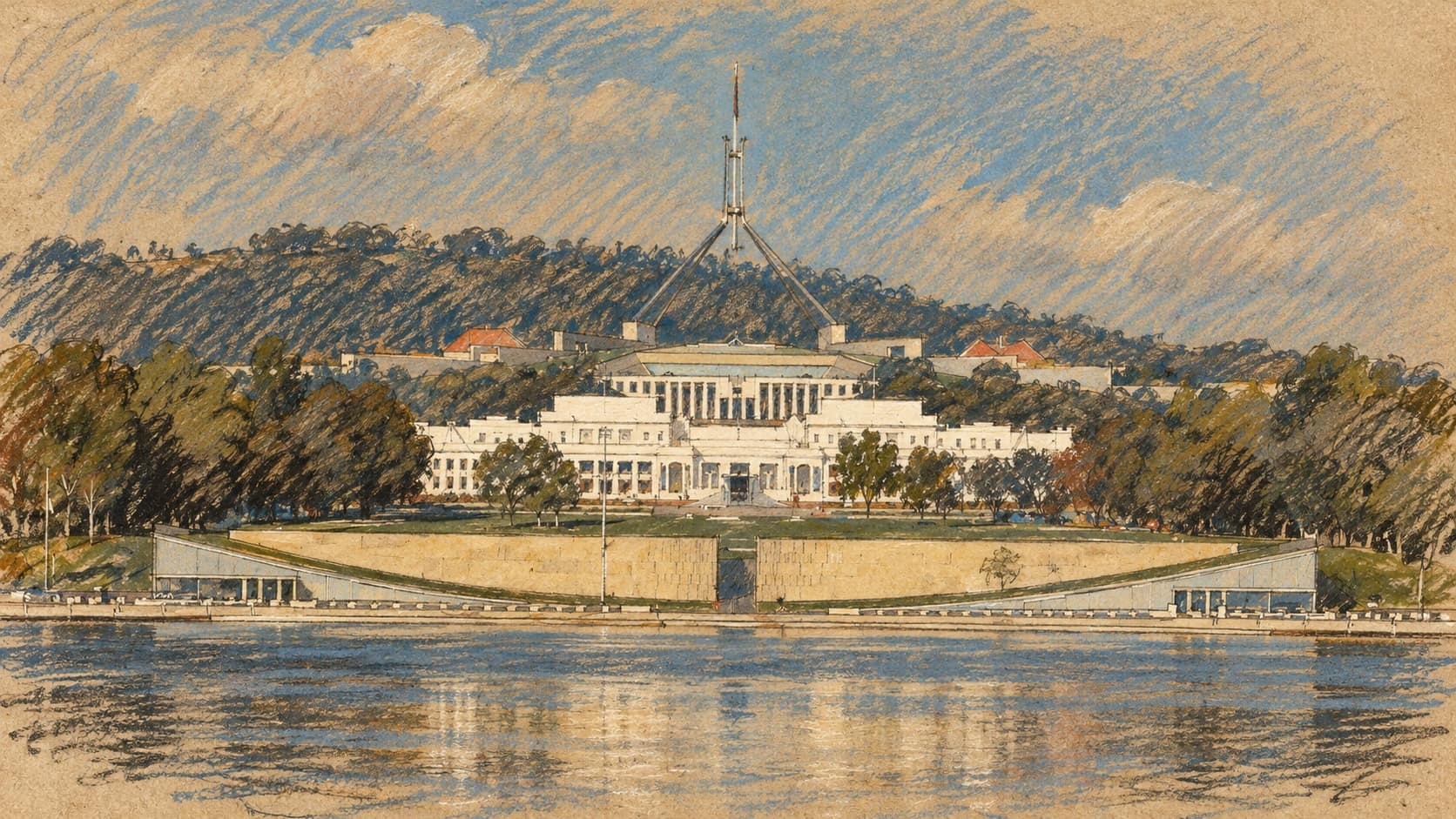 Courtroom-sketch editorial illustration of an archival April 2010 view across Lake Burley Griffin toward Canberra’s Old Parliament House and current Parliament House on the hill behind it, rendered in warm ochre and slate-blue pastel strokes. Institutional context, not a depiction of Jim Chalmers or the October 2026 speech.