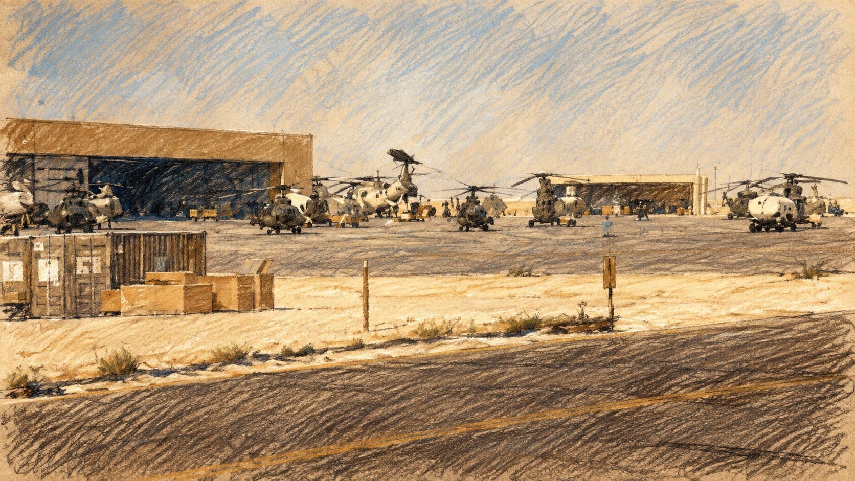 Courtroom-sketch editorial illustration of an archival 1990 view across a service road toward hangars and parked helicopters at King Fahd International Airport, rendered in warm ochre and slate-blue pastel strokes. Historical airport context, not a depiction of the October 2026 attack or current damage.
