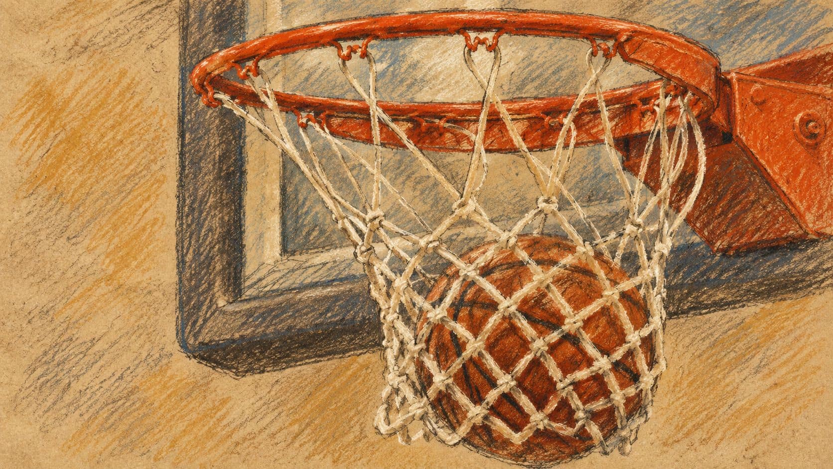 Courtroom-sketch editorial illustration of a basketball passing through a hoop and net, based on an archival 2009 photograph as sporting context