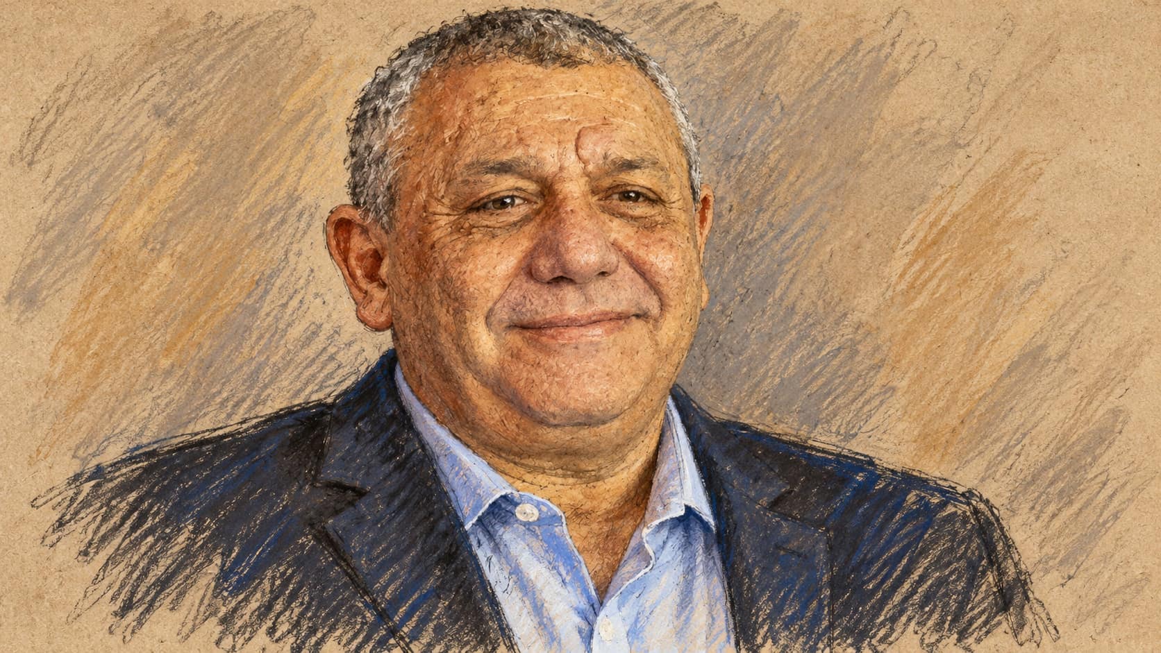 Courtroom-sketch editorial illustration of an archival portrait of Gadi Eisenkot in a dark jacket and pale blue shirt.