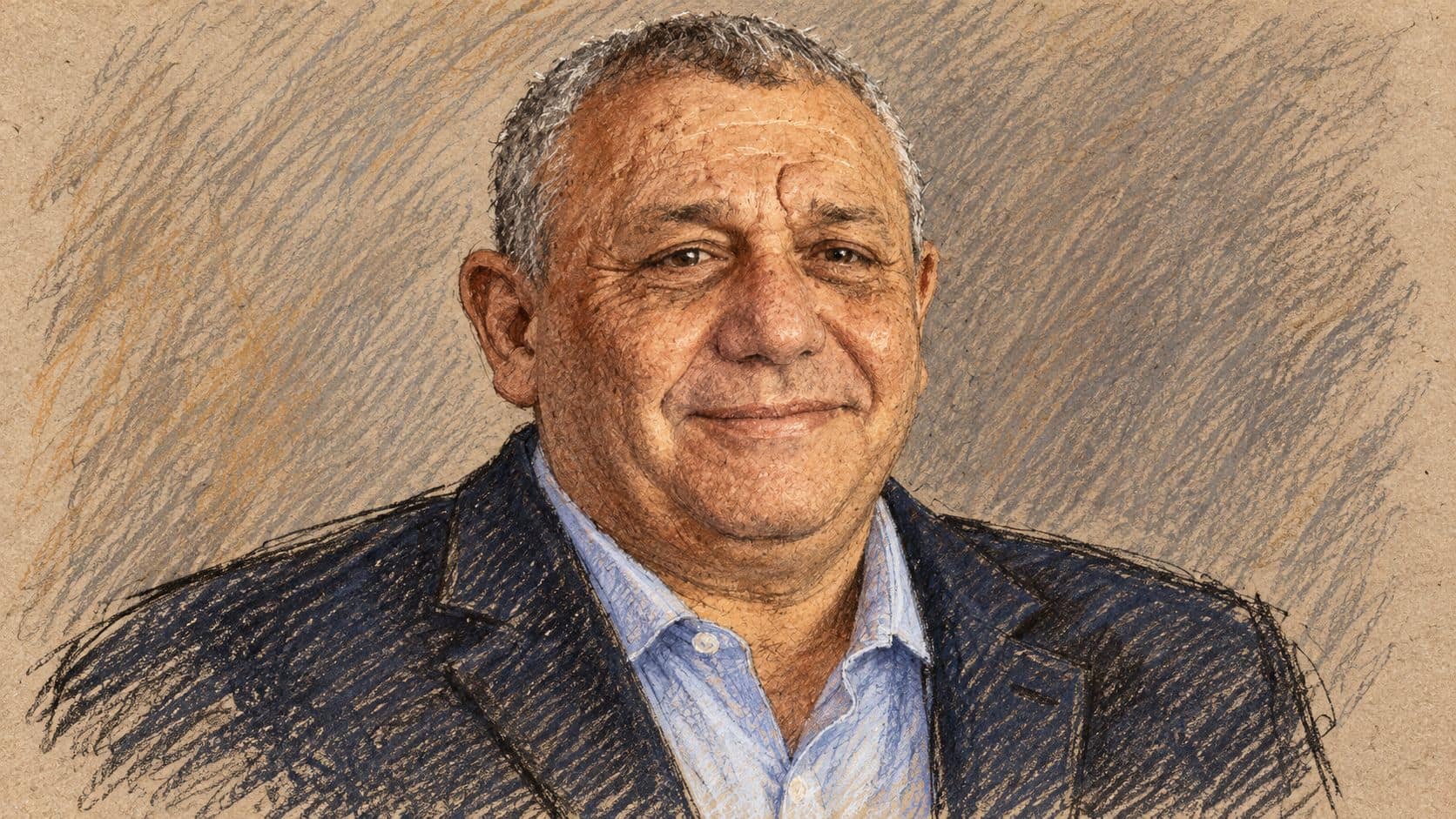 Courtroom-sketch editorial illustration of an archival head-and-shoulders portrait of Gadi Eisenkot in a dark civilian jacket and light blue shirt