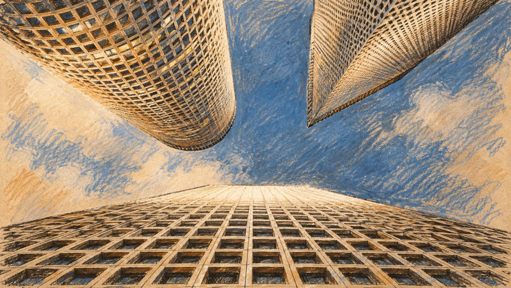 Courtroom-sketch editorial illustration of an archival upward view between the three Azrieli Center office towers in Tel Aviv, used as corporate-finance context