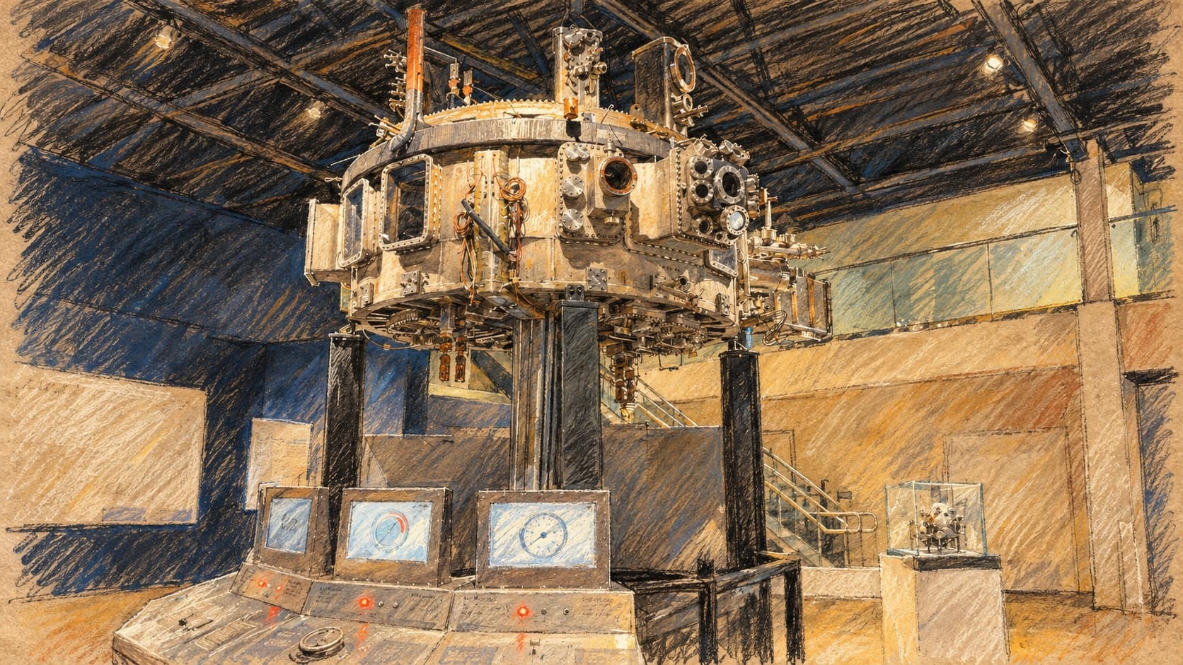 Courtroom-sketch editorial illustration of the historical Tokamak de Varennes fusion device and control console displayed in an Ottawa science museum, shown as contextual fusion-research equipment