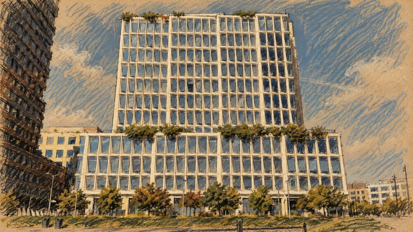 Courtroom-sketch editorial illustration of an archival August 2025 exterior view of Visa headquarters in San Francisco; institutional context for the acquisition reports and Fireblocks denial.