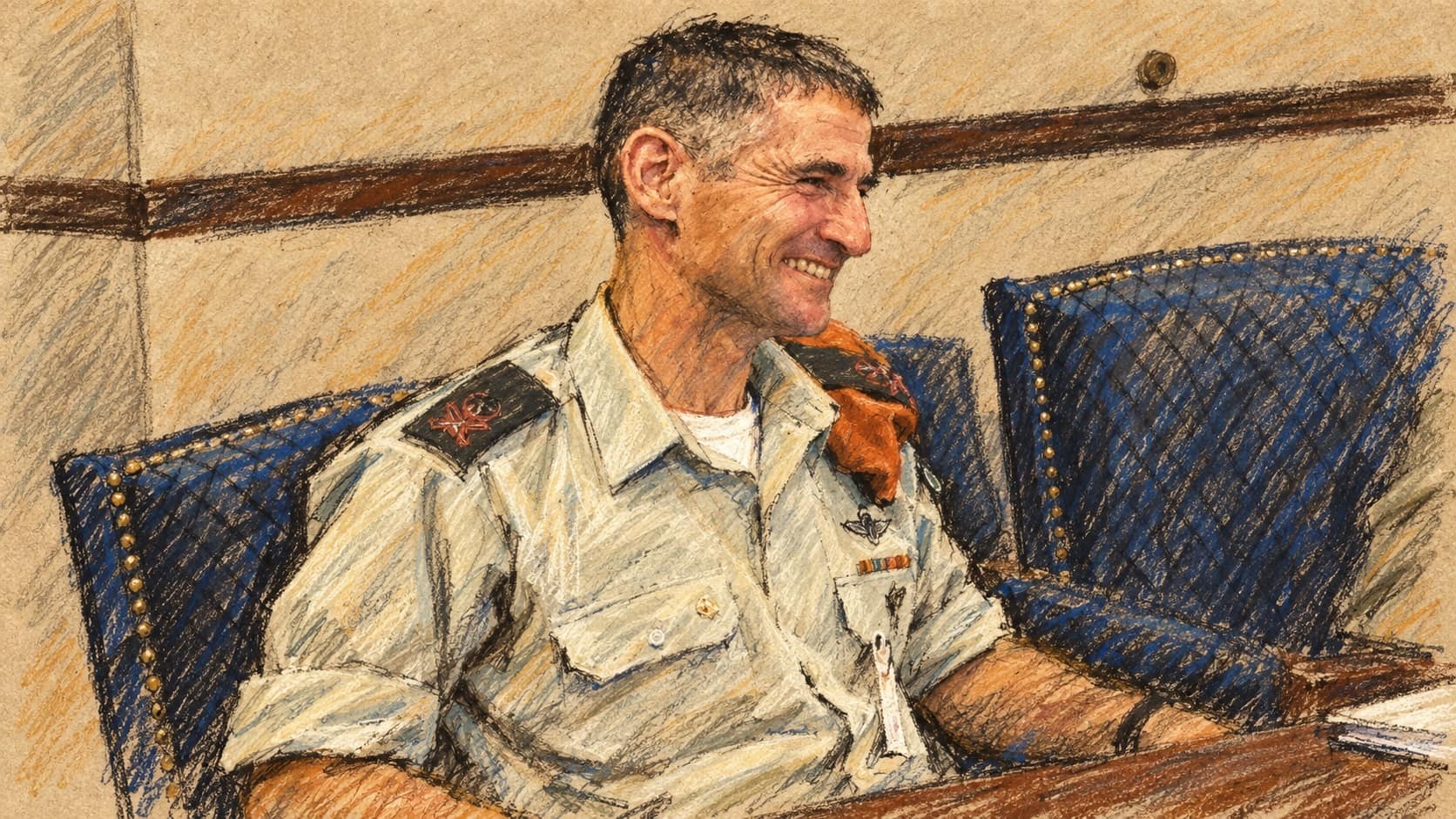 Courtroom-sketch editorial illustration of an archival 2009 portrait of Yair Golan seated at a conference table, used as contextual portraiture