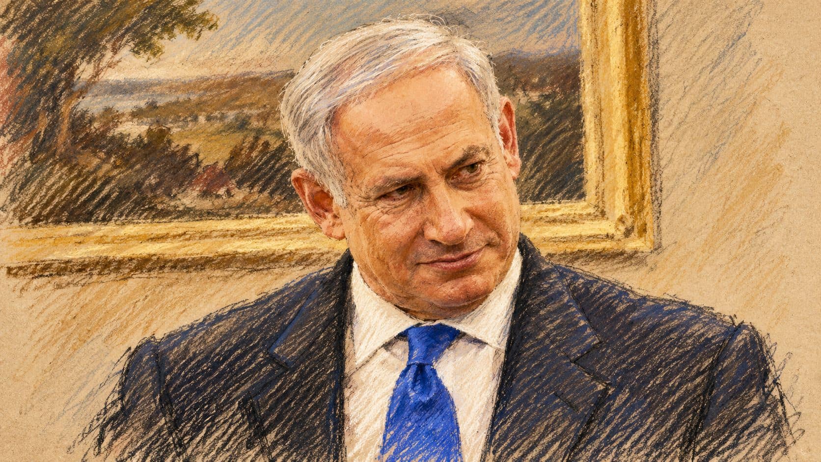 Courtroom-sketch editorial illustration of Benjamin Netanyahu in an archival 2009 portrait, wearing a dark suit and blue tie