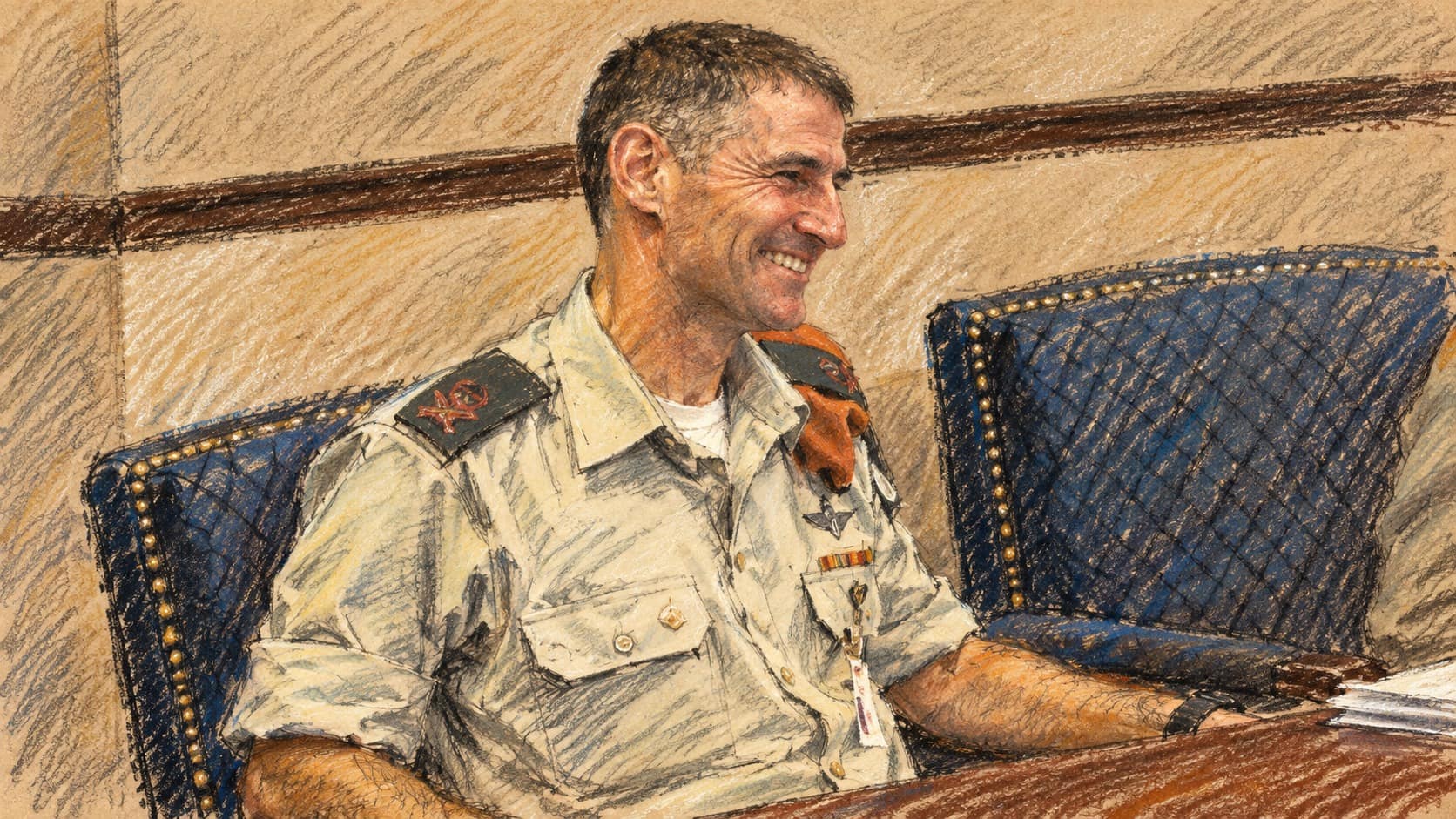 Courtroom-sketch editorial illustration of Yair Golan seated in a blue chair in an archival 2009 portrait, used as context for his political statement.