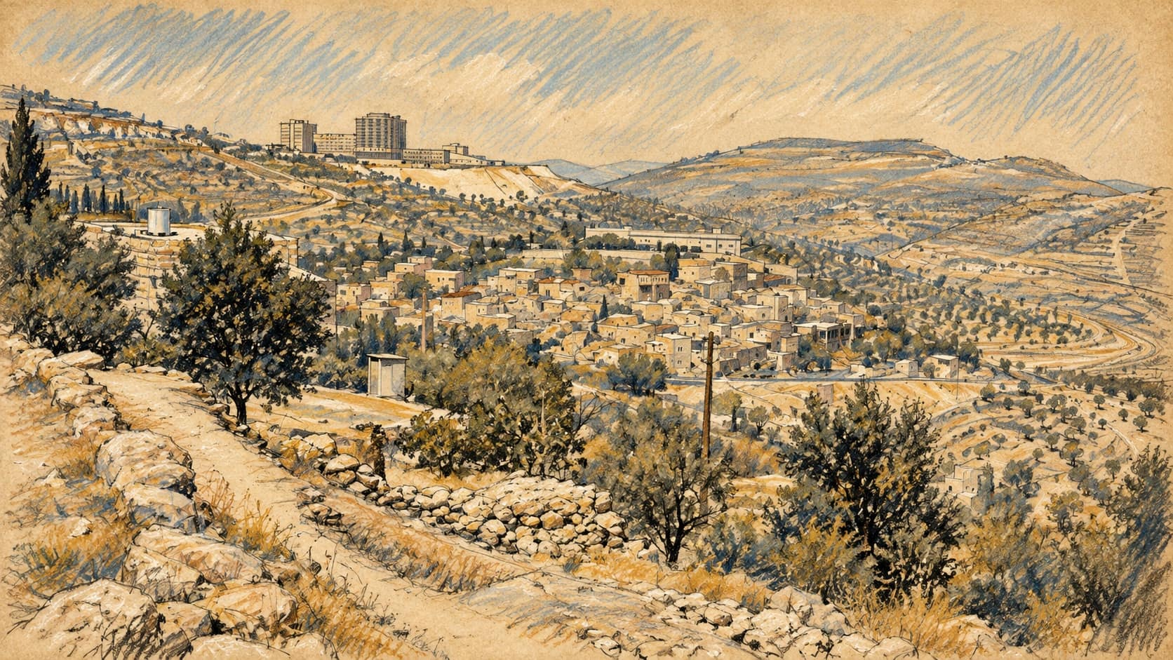 Courtroom-sketch editorial illustration of an archival 1960 view across Ein Kerem toward Hadassah hospital, used as historical institutional context