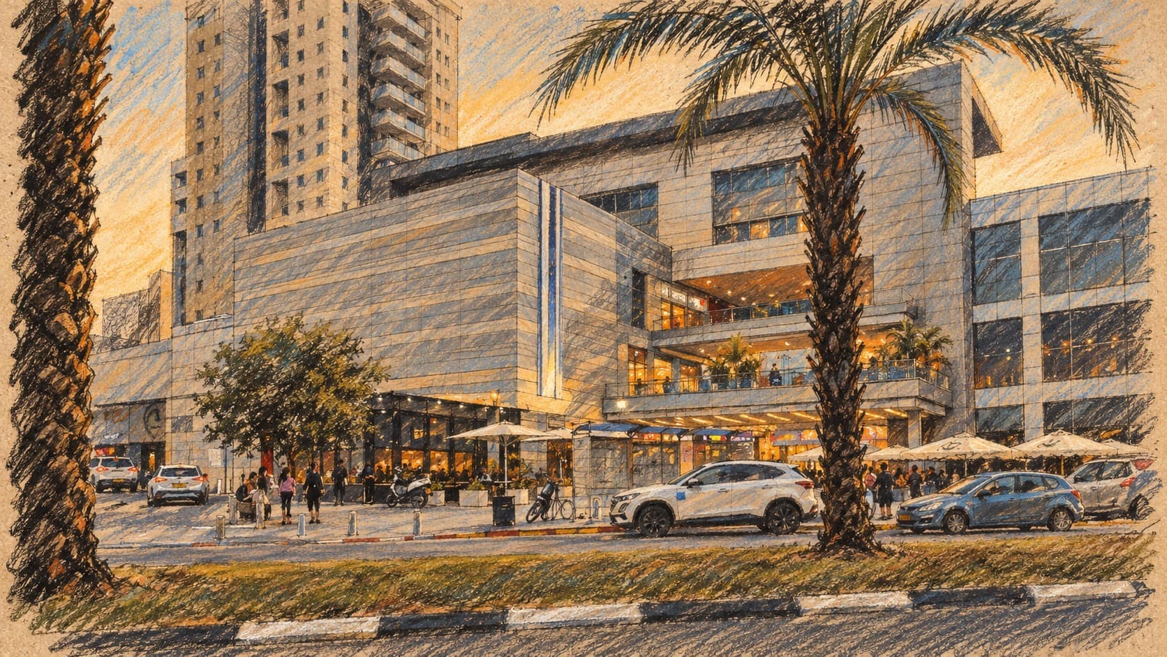 Courtroom-sketch editorial illustration of the exterior of Be'er Ya'akov Shopping mall, shown as archival context for Israeli commercial property.