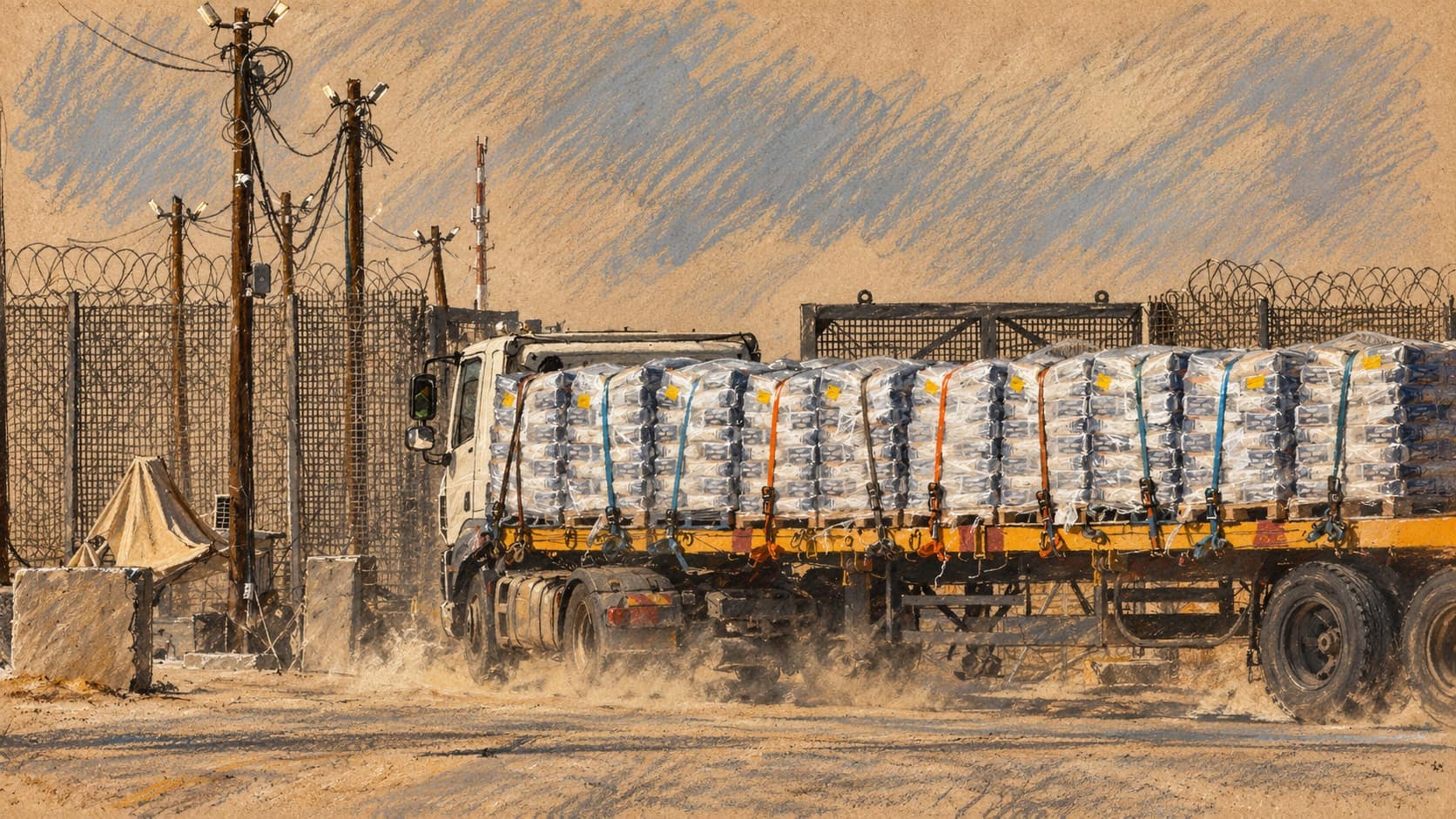 Courtroom-sketch editorial illustration of a humanitarian aid truck at the Kissufim crossing in December 2025, shown as archival context for Gaza border coordination.