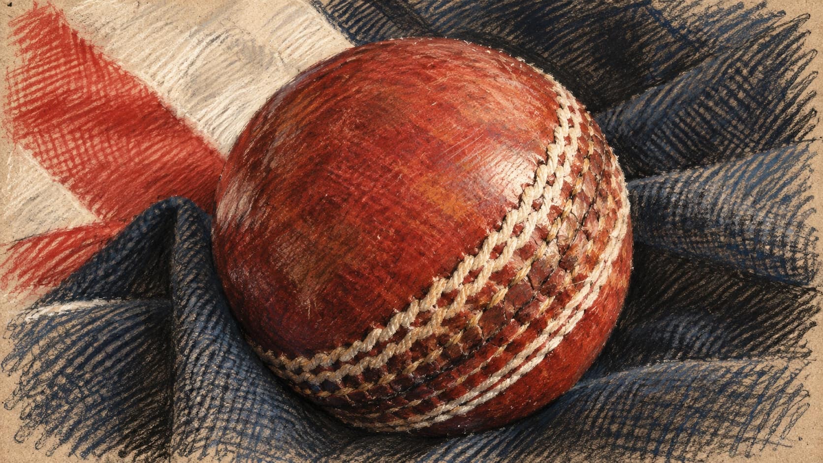 Courtroom-sketch editorial illustration of an archival red cricket ball on folded clothing with an England-flag textile, used as contextual cricket imagery rather than a depiction of Brook or the Rawalpindi ODI, rendered in warm ochre and slate-blue pastel strokes.