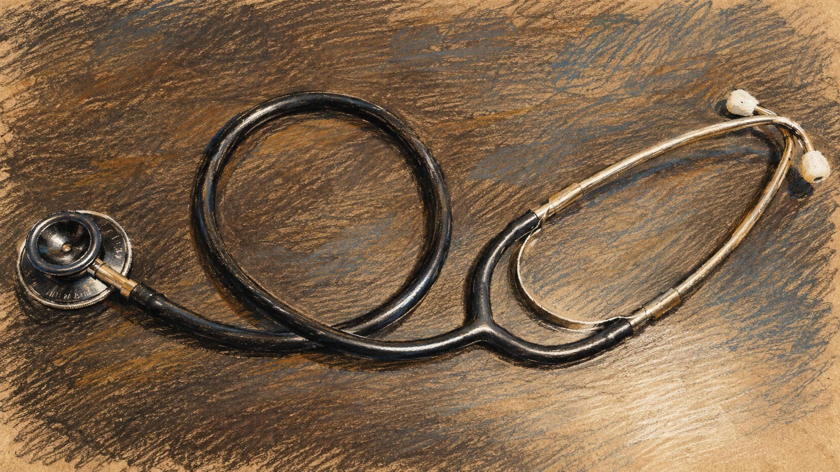 Courtroom-sketch editorial illustration of a black stethoscope resting on a plain tabletop, shown as contextual medical equipment rather than a reported patient encounter.
