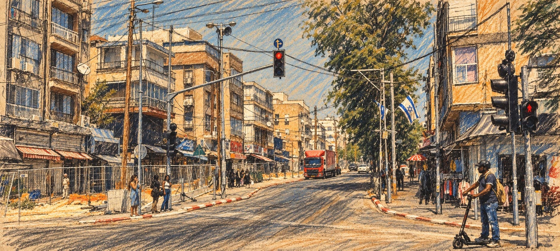 Courtroom-sketch editorial illustration of an archival view along Sokolov Street in Holon, with a road intersection, apartment buildings, sidewalks and traffic lights, providing city infrastructure context.
