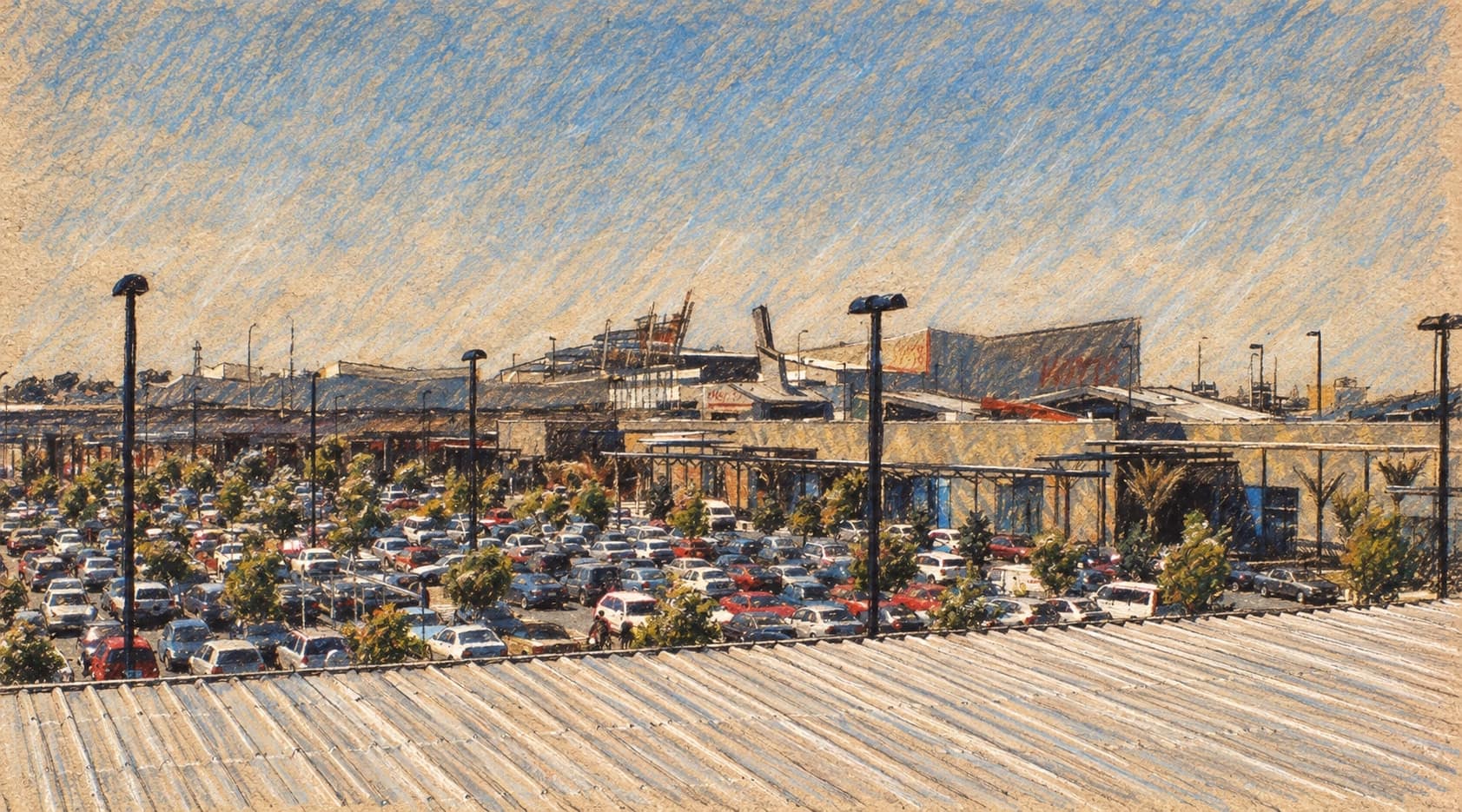 Courtroom-sketch editorial illustration of an archival 2007 view of Sylvia Park shopping centre and its tree-lined parking area in Auckland, rendered in warm ochre and slate-blue pastel strokes. Contextual location imagery, not a depiction of the current IKEA store or the planned October 2026 strike.