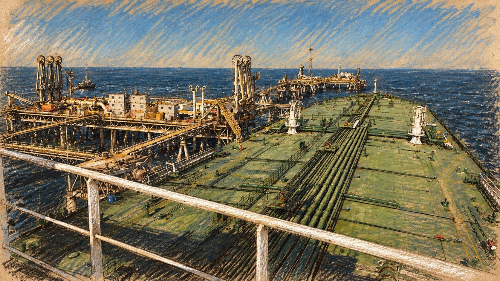 Courtroom-sketch editorial illustration of an archival 2005 oil tanker loading at Al Basrah Oil Terminal in the northern Persian Gulf, used as maritime context rather than depicting the claimed attacks