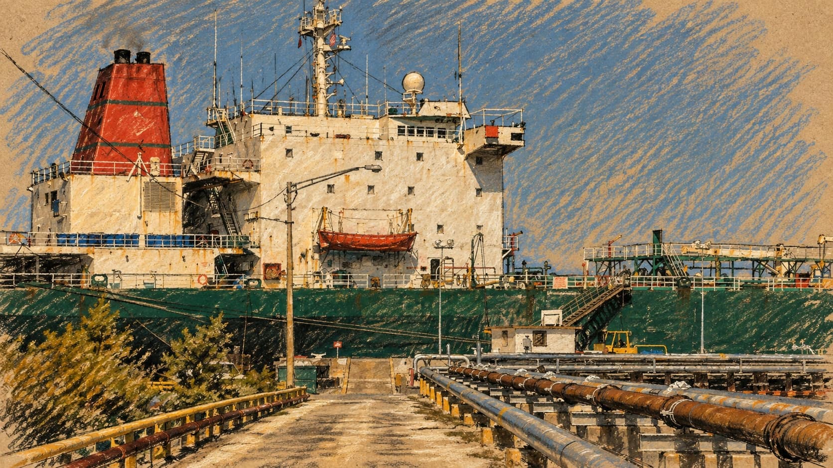 Courtroom-sketch editorial illustration of an archival oil tanker beside dockside fuel pipes, used as general fuel-logistics context