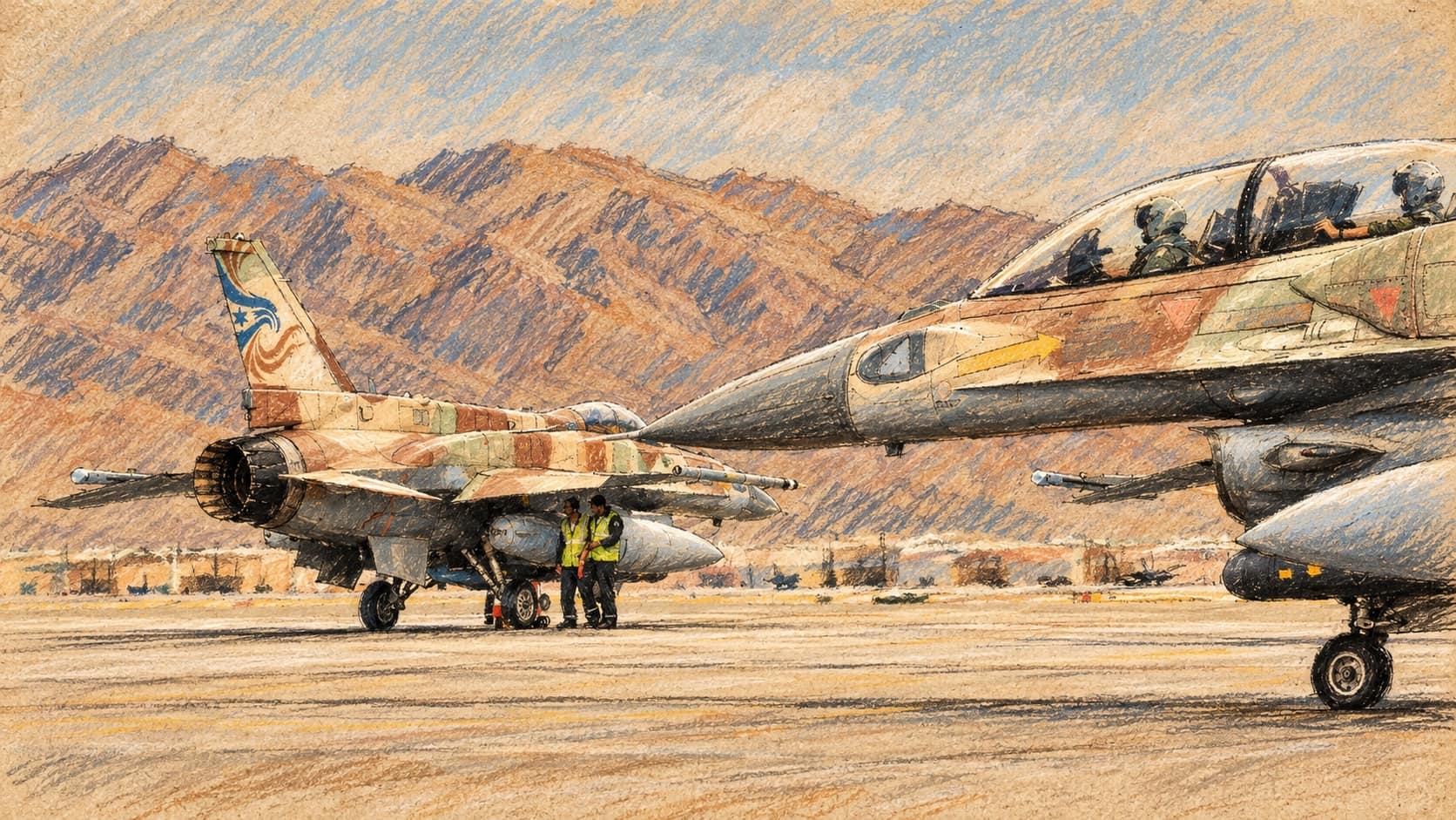 Courtroom-sketch editorial illustration of Israeli F-16I aircraft taxiing at Nellis Air Force Base during a 2009 training exercise, used as archival military-readiness context