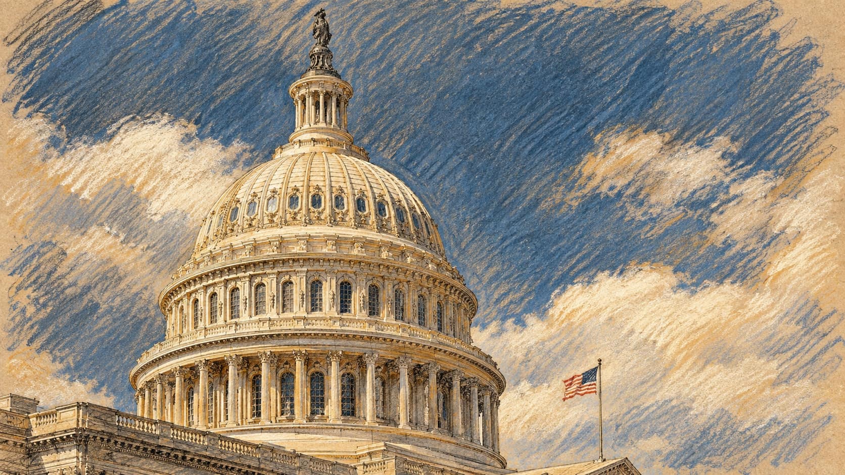 Courtroom-sketch editorial illustration of an archival view of the United States Capitol dome beneath a cloudy sky, used as context for a congressional report rather than depicting the current dispute.